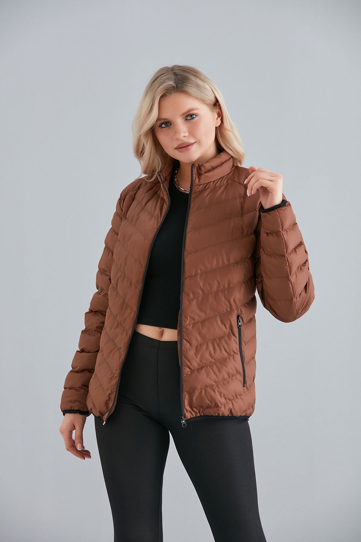 Kadın Haki Cepli Fermuarlı Şişme Mont İç Cepli - taba