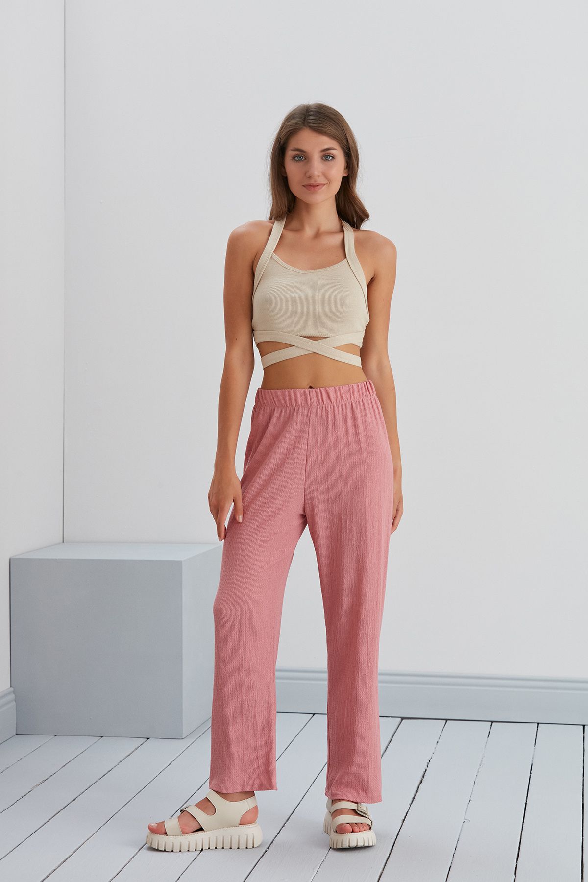 Beli Lastikli Palazzo Pantolon Yazlık Rahat Geniş Bürümcük Kumaş - gül kurusu