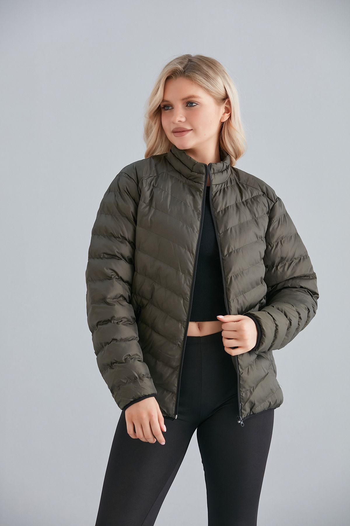 Kadın Haki Cepli Fermuarlı Şişme Mont İç Cepli - haki