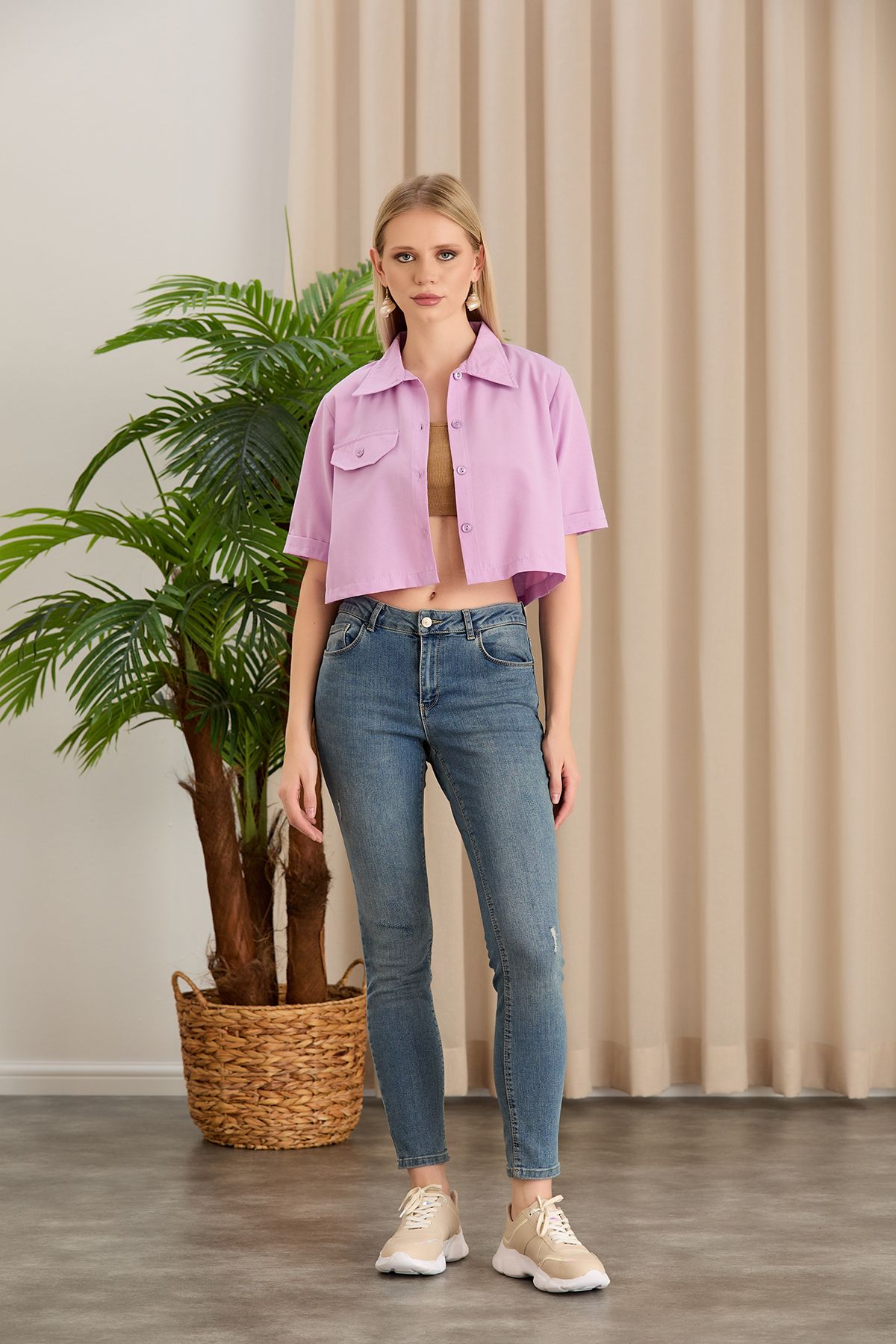 Kadın Beyaz Crop Terikoton Kumaş Düğmeli Kapaklı Gömlek - lila