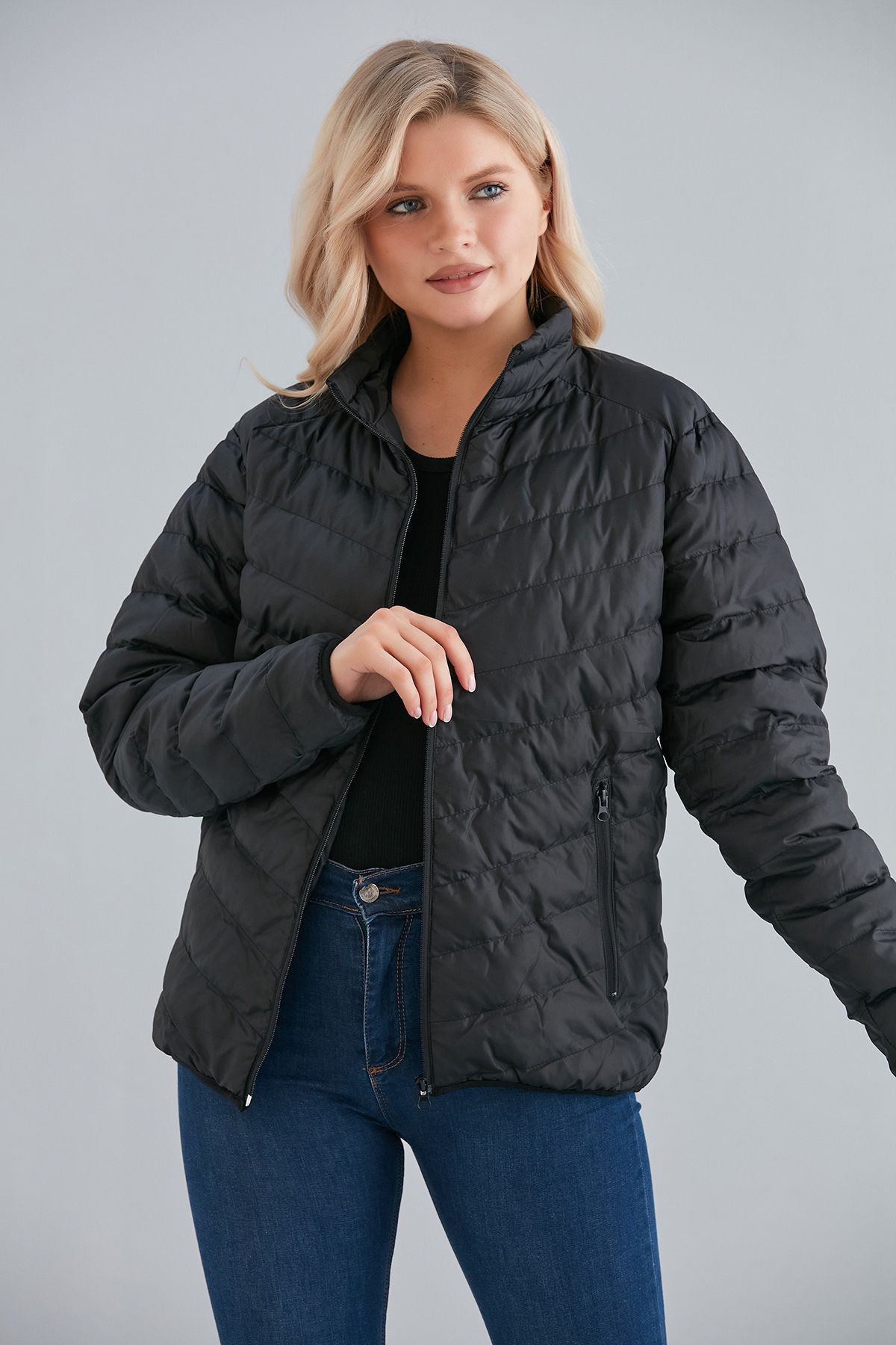 Kadın Haki Cepli Fermuarlı Şişme Mont İç Cepli - siyah