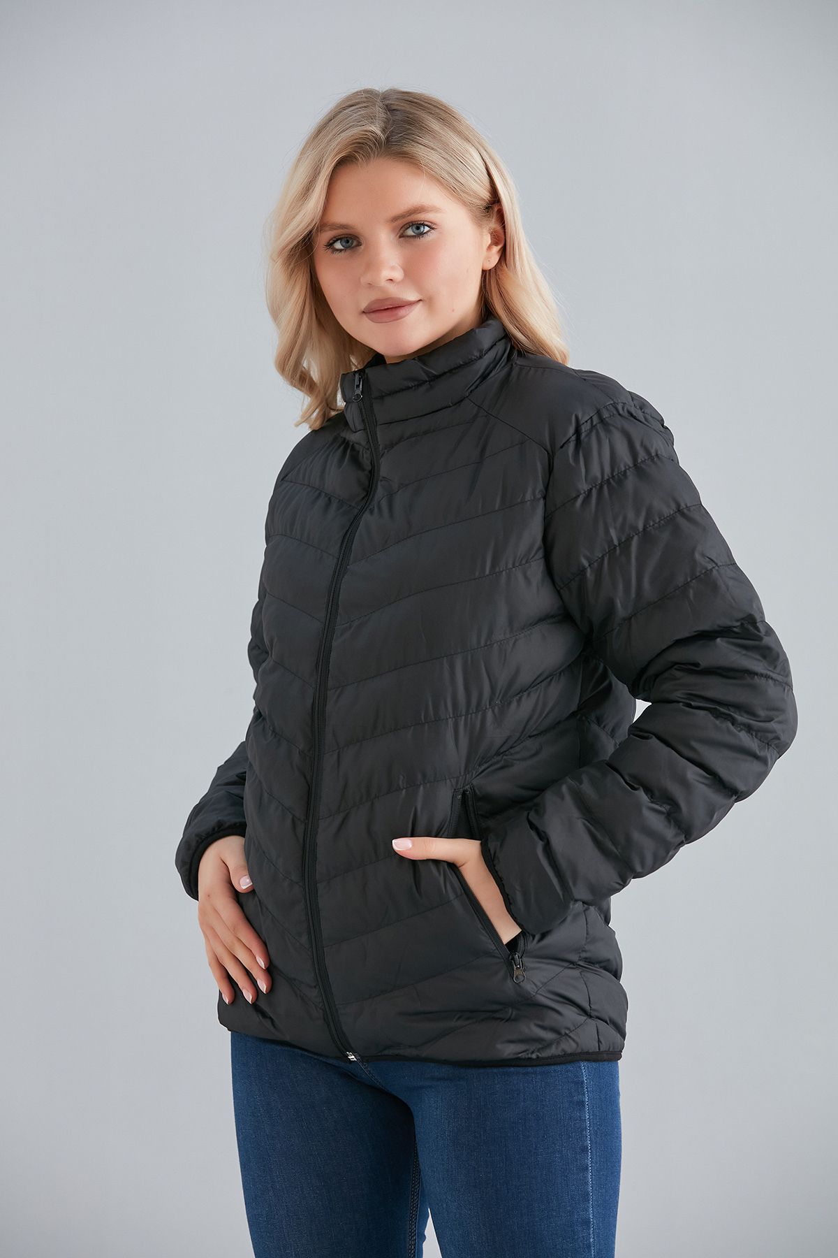 Kadın Haki Cepli Fermuarlı Şişme Mont İç Cepli - siyah