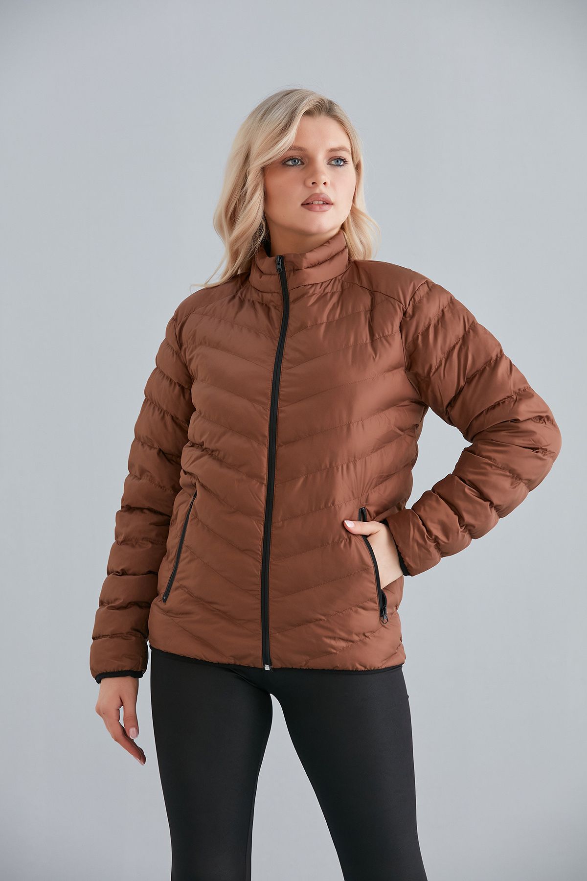 Kadın Haki Cepli Fermuarlı Şişme Mont İç Cepli - taba