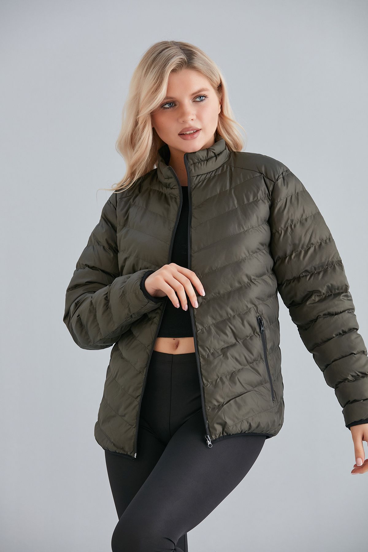 Kadın Haki Cepli Fermuarlı Şişme Mont İç Cepli - haki