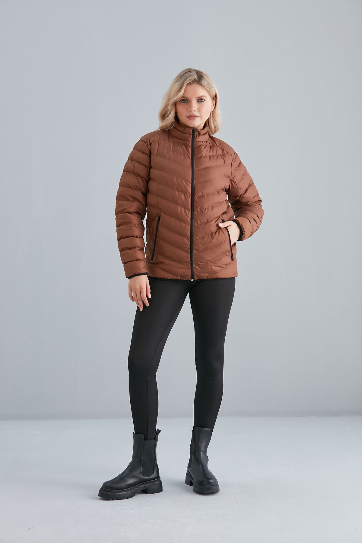 Kadın Haki Cepli Fermuarlı Şişme Mont İç Cepli - taba