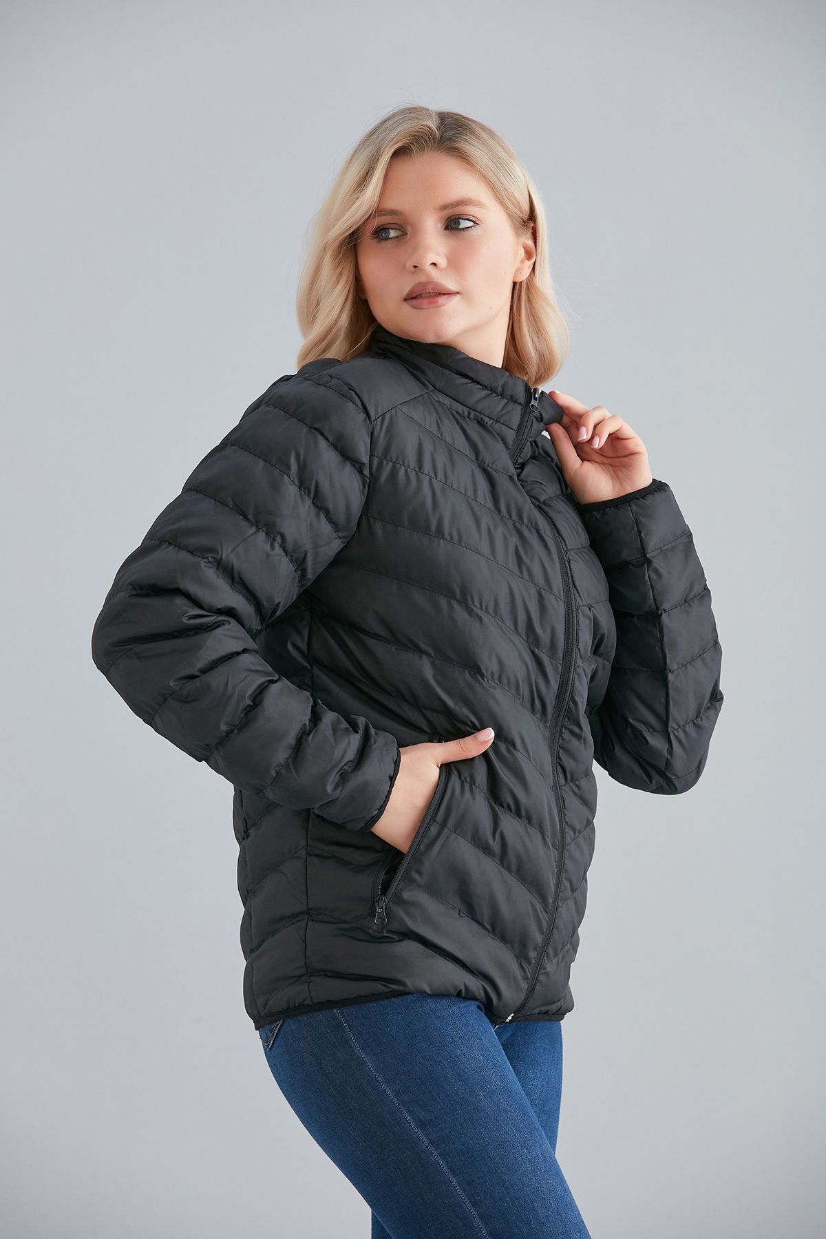 Kadın Haki Cepli Fermuarlı Şişme Mont İç Cepli - siyah