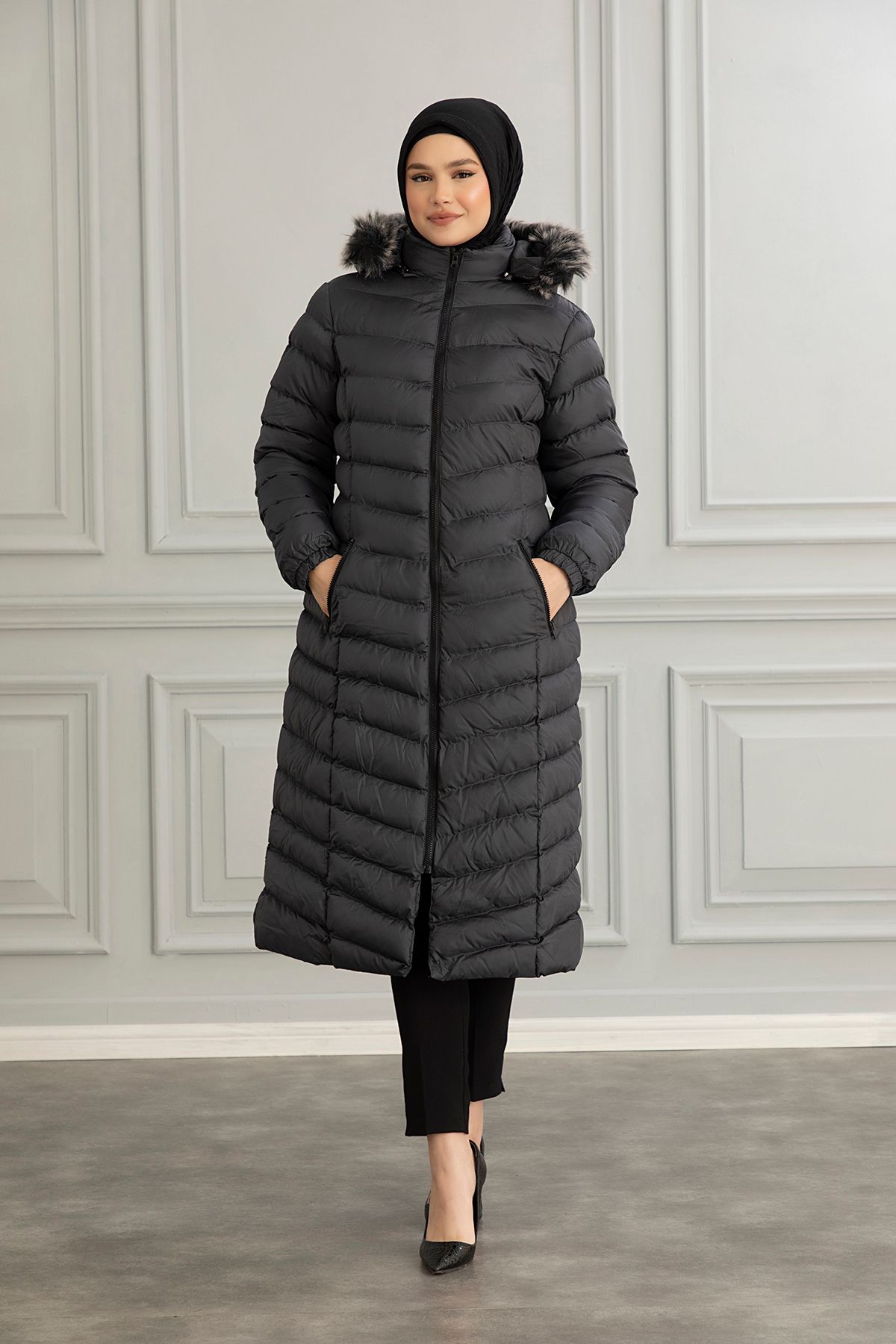 Kadın Bej Uzun Şişme Mont - füme