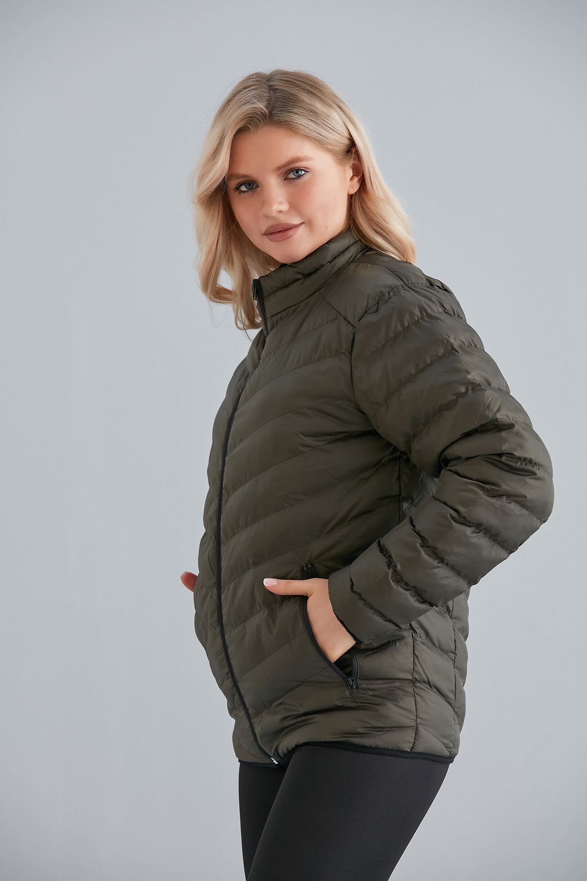 Kadın Haki Cepli Fermuarlı Şişme Mont İç Cepli - haki