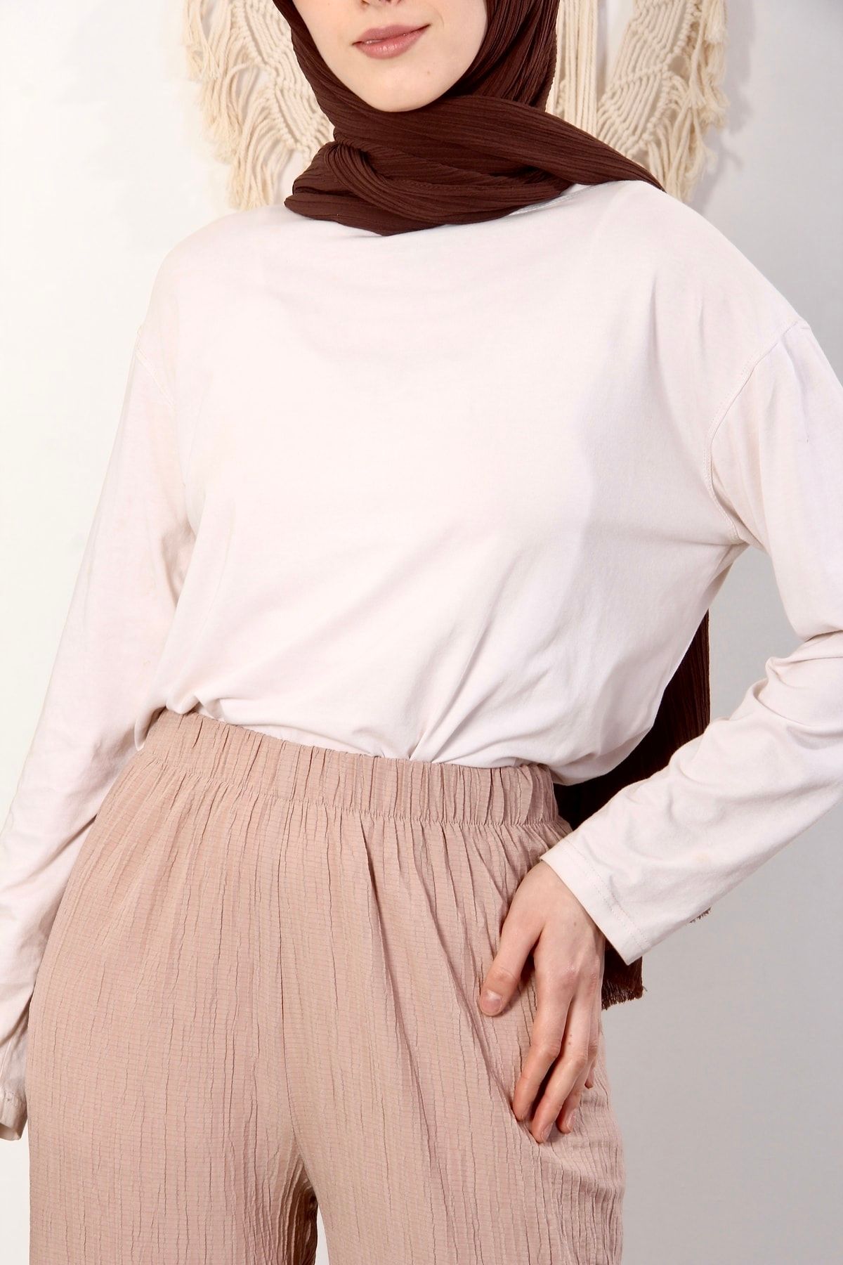 Beli Lastikli Etekli Pantolon Yazlık Rahat Geniş Gofre Kumaş