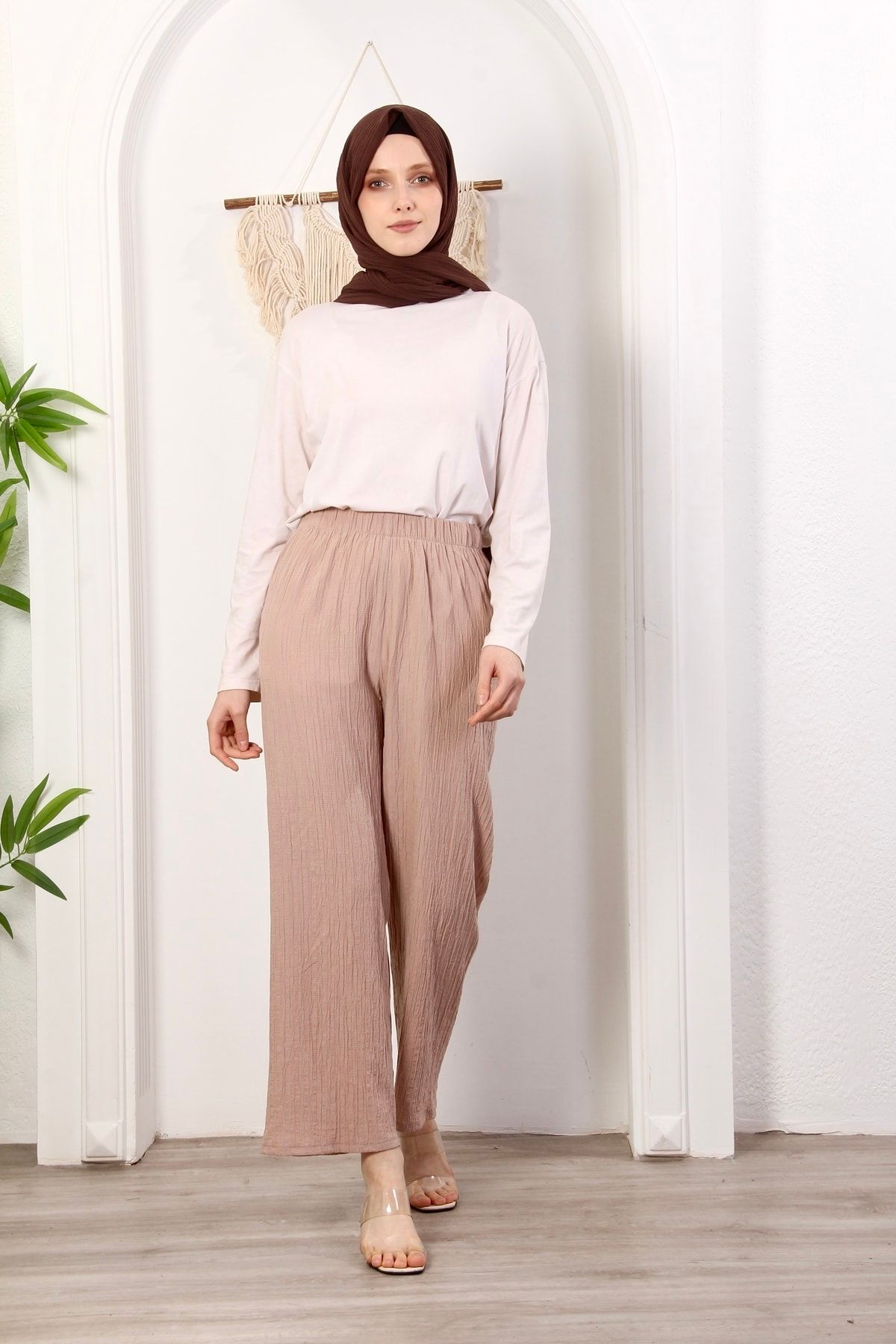 Beli Lastikli Etekli Pantolon Yazlık Rahat Geniş Gofre Kumaş