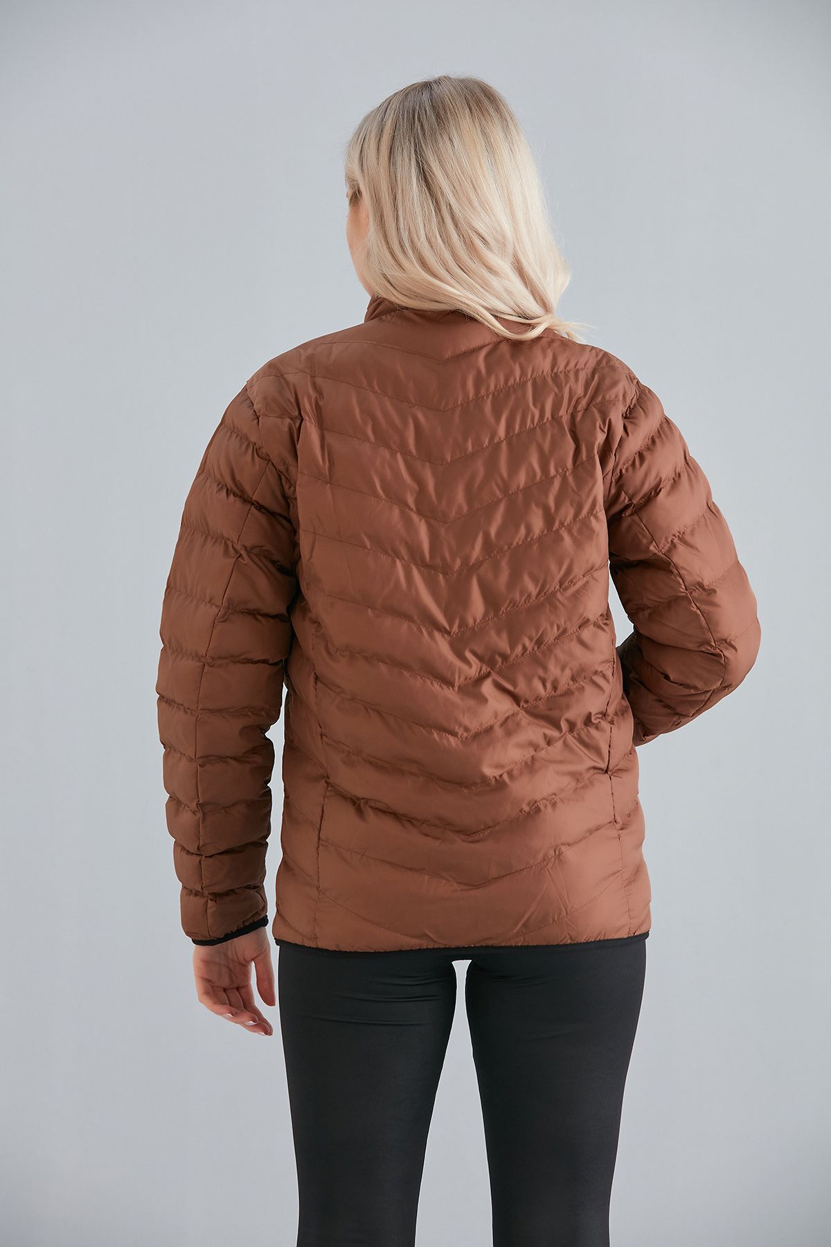 Kadın Haki Cepli Fermuarlı Şişme Mont İç Cepli - taba