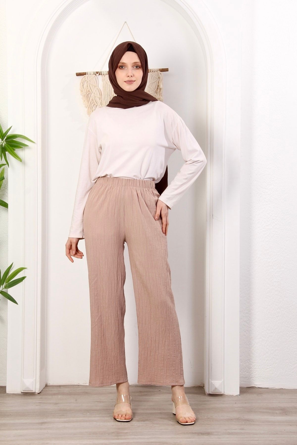 Beli Lastikli Etekli Pantolon Yazlık Rahat Geniş Gofre Kumaş