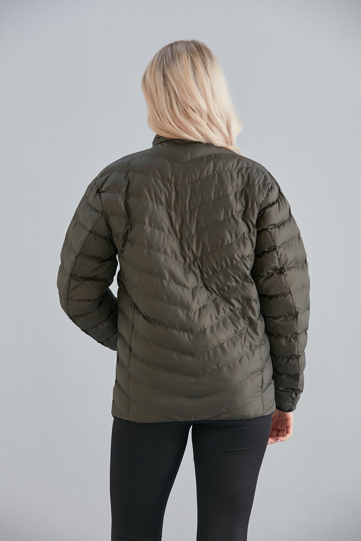 Kadın Haki Cepli Fermuarlı Şişme Mont İç Cepli - haki