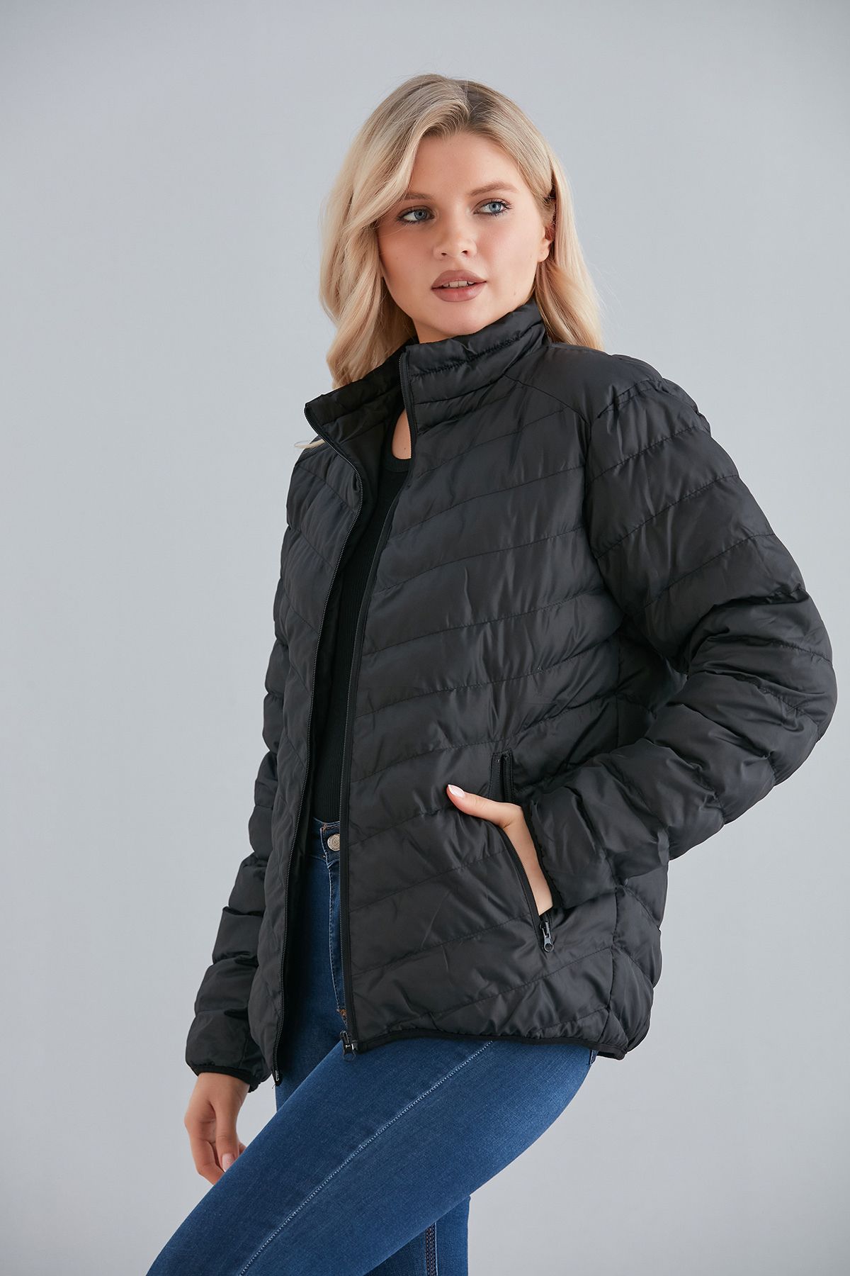 Kadın Haki Cepli Fermuarlı Şişme Mont İç Cepli - siyah