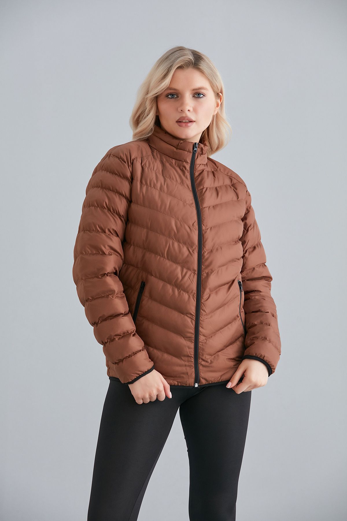 Kadın Haki Cepli Fermuarlı Şişme Mont İç Cepli - taba