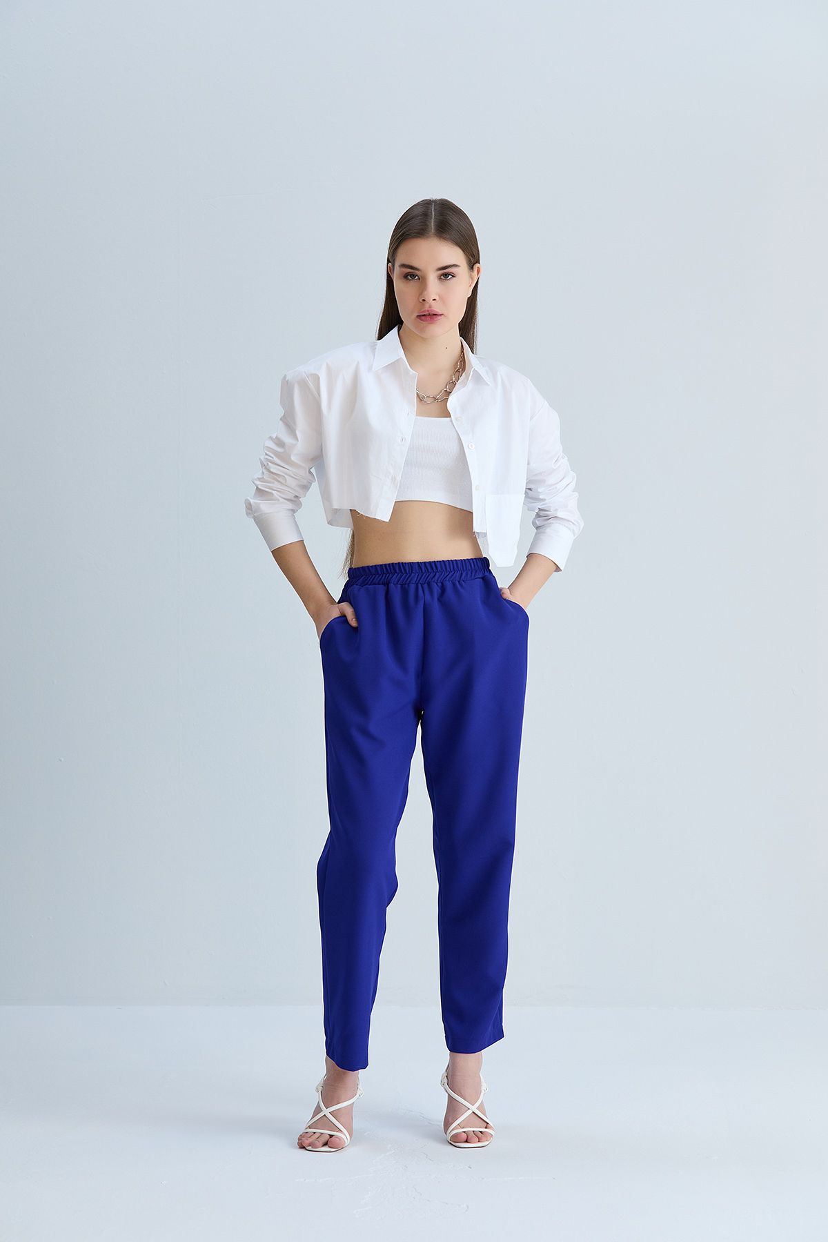 Kadın Beyaz Cepli Beli Lastikli Kumaş Pantolon - saks mavi