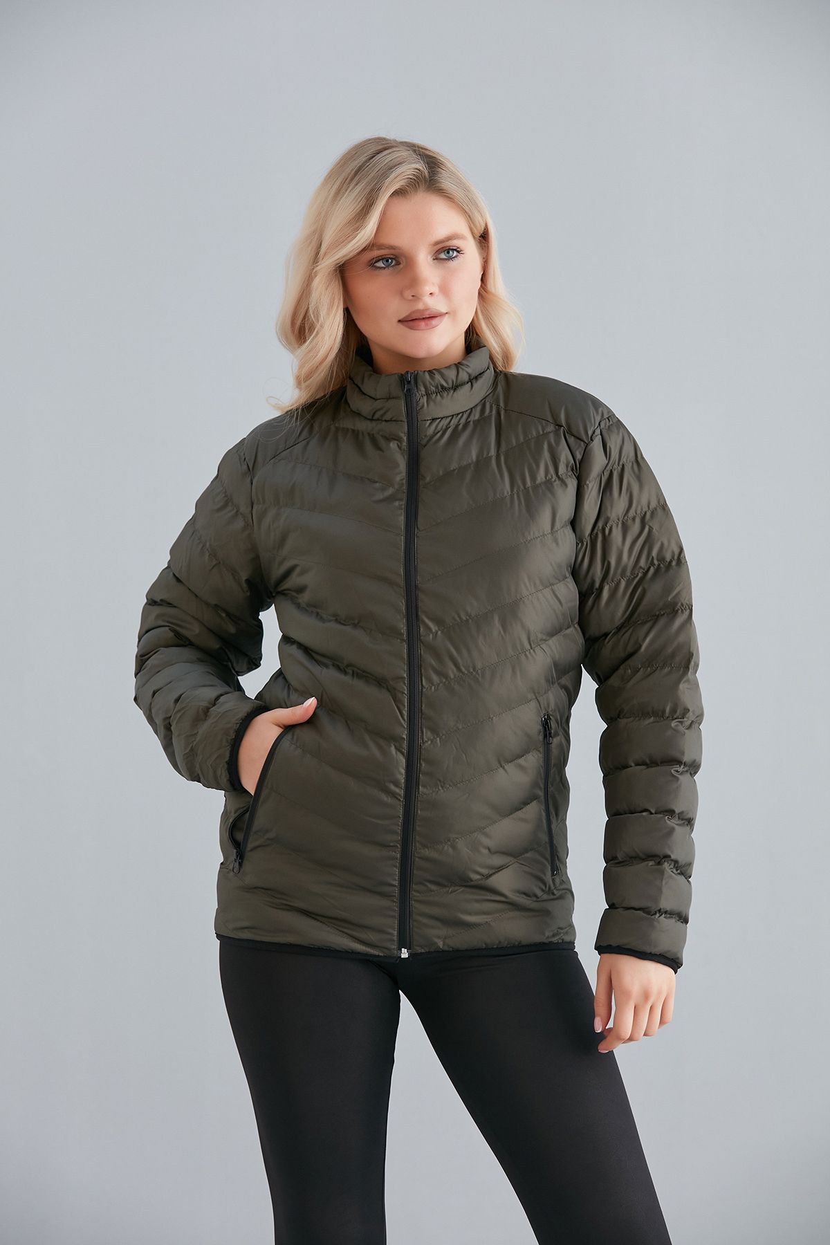 Kadın Haki Cepli Fermuarlı Şişme Mont İç Cepli - haki