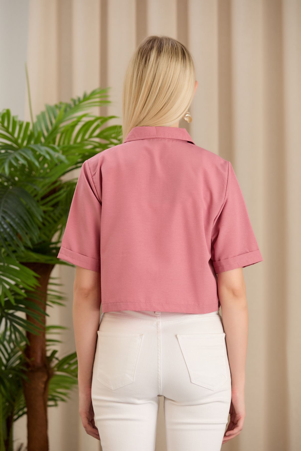 Kadın Beyaz Crop Terikoton Kumaş Düğmeli Kapaklı Gömlek - gül kurusu