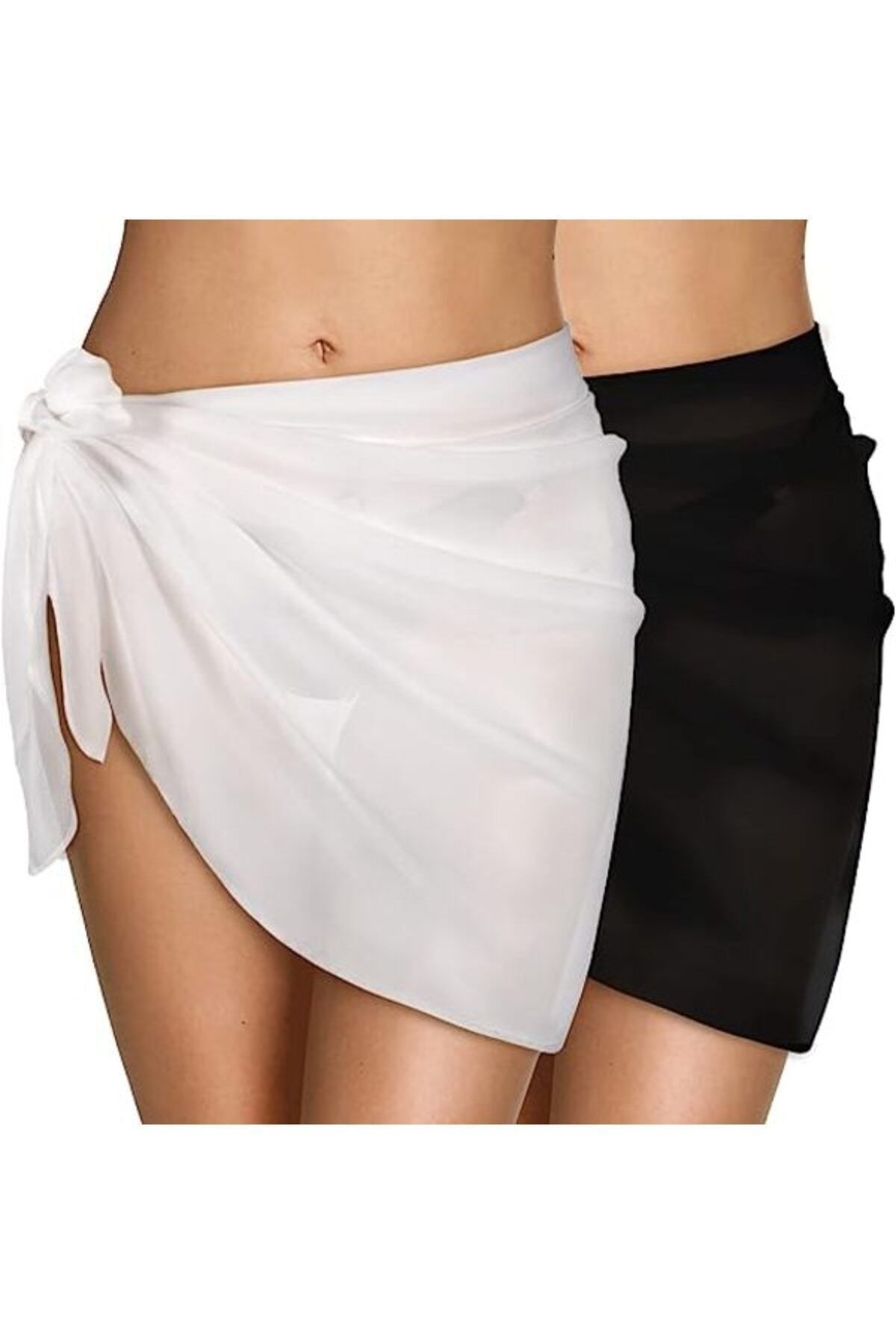 2’li Tül Transparan Belden Bağlamalı Pareo Seti Siyah Beyaz