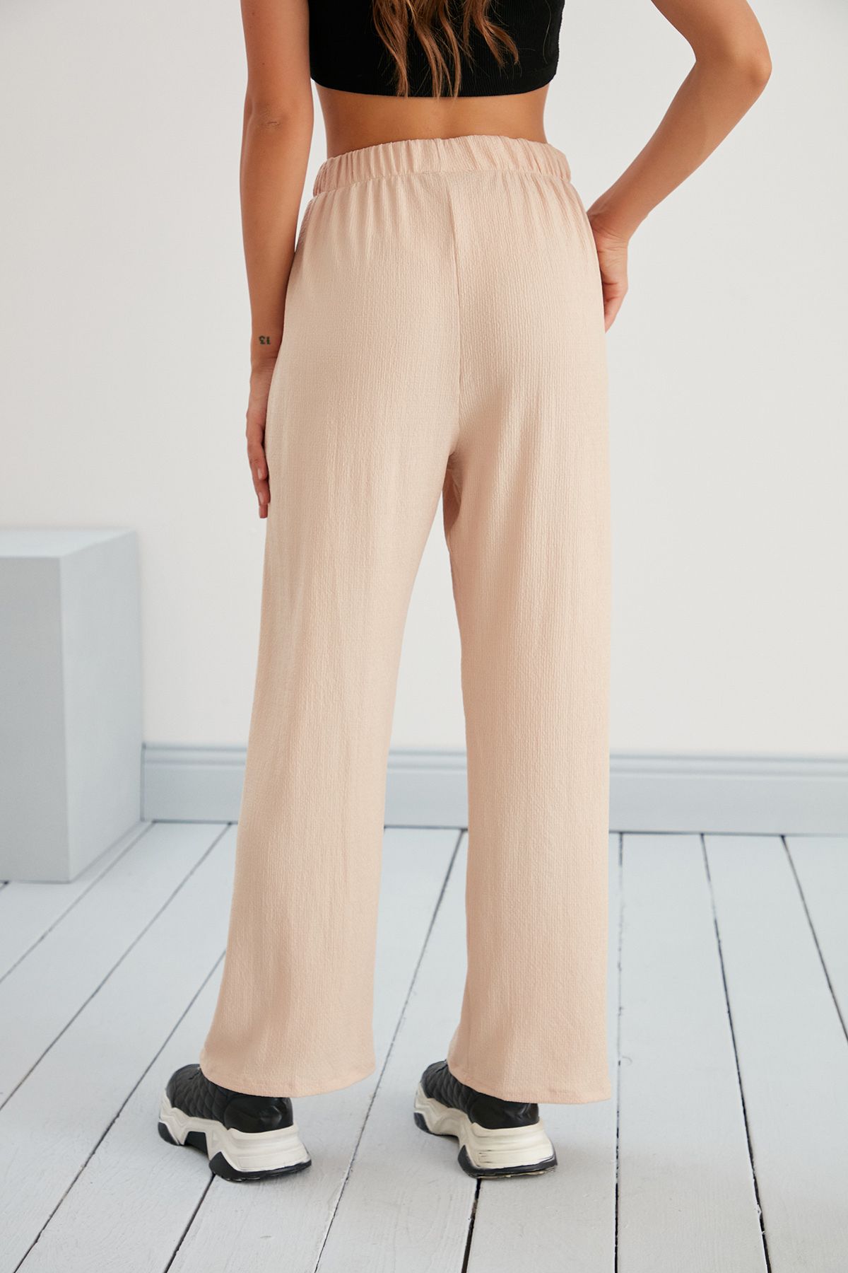 Beli Lastikli Palazzo Pantolon Yazlık Rahat Geniş Bürümcük Kumaş