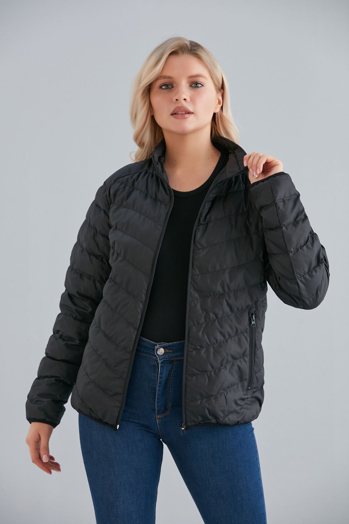 Kadın Haki Cepli Fermuarlı Şişme Mont İç Cepli - siyah