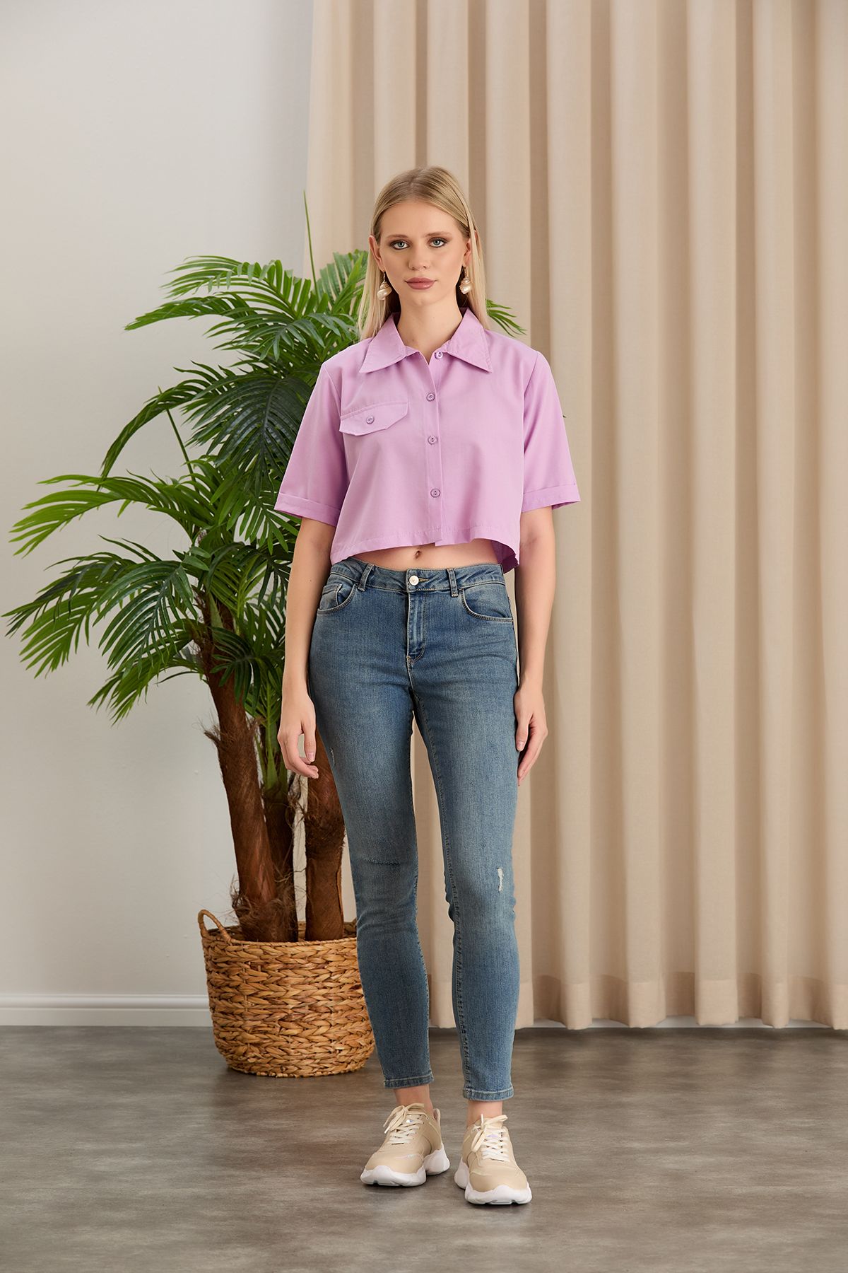 Kadın Beyaz Crop Terikoton Kumaş Düğmeli Kapaklı Gömlek - lila