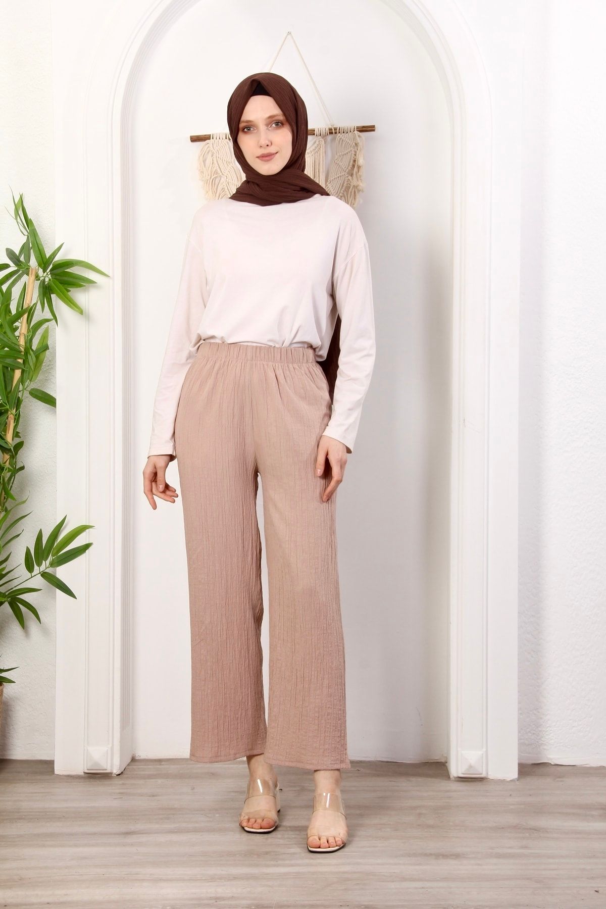 Beli Lastikli Etekli Pantolon Yazlık Rahat Geniş Gofre Kumaş