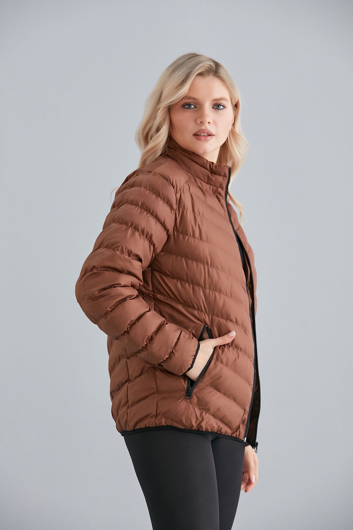 Kadın Haki Cepli Fermuarlı Şişme Mont İç Cepli - taba