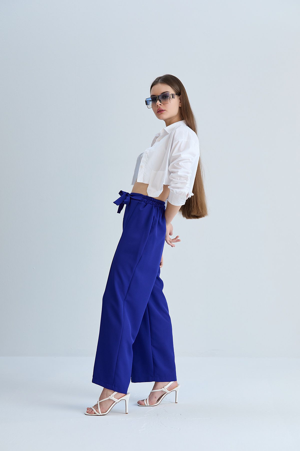 Kadın Beyaz Önü Bağcıklı Beli Lastikli Kumaş Pantolon - saks mavi