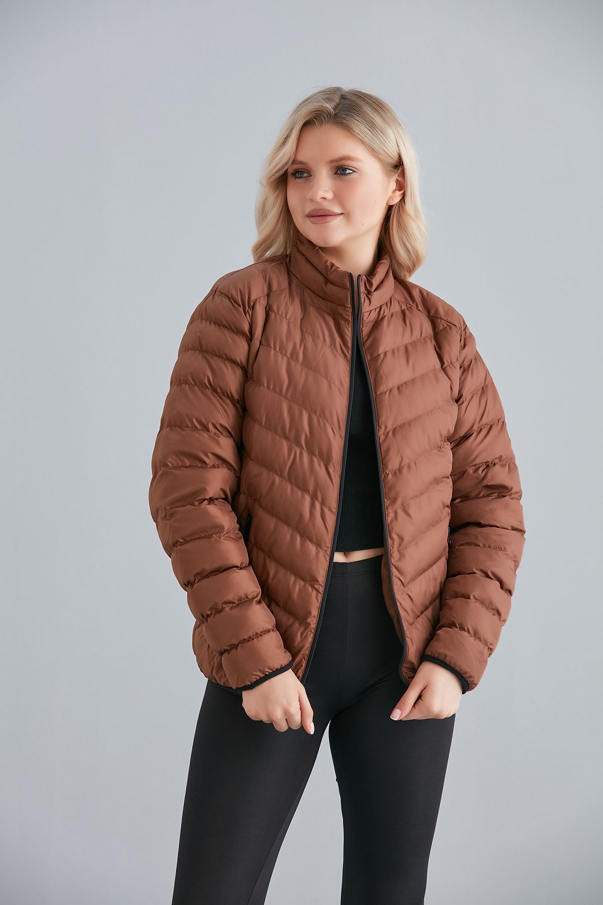 Kadın Haki Cepli Fermuarlı Şişme Mont İç Cepli - taba