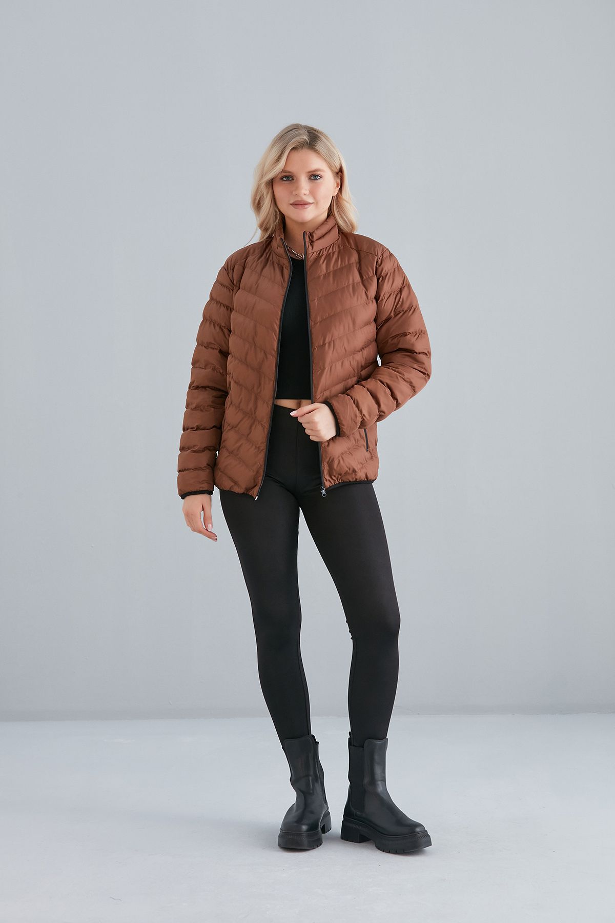 Kadın Haki Cepli Fermuarlı Şişme Mont İç Cepli - taba