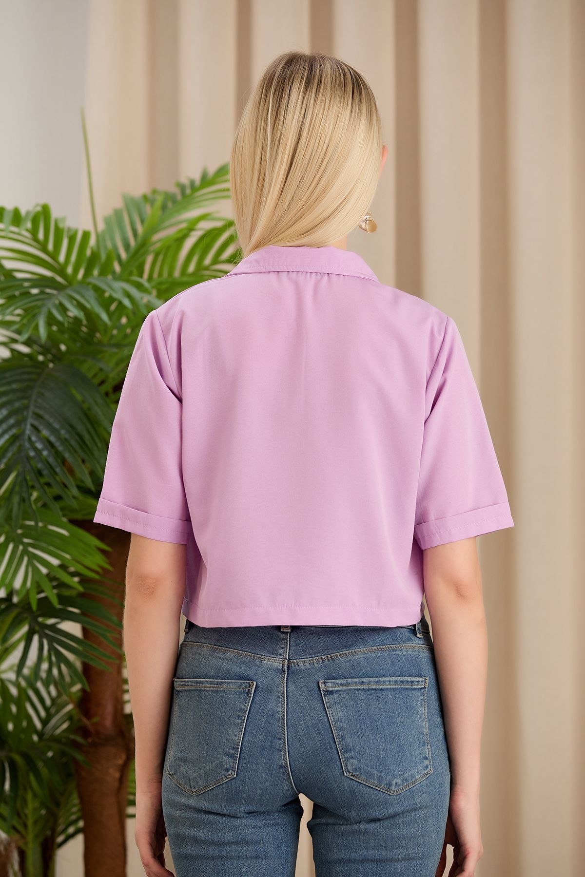 Kadın Beyaz Crop Terikoton Kumaş Düğmeli Kapaklı Gömlek - lila