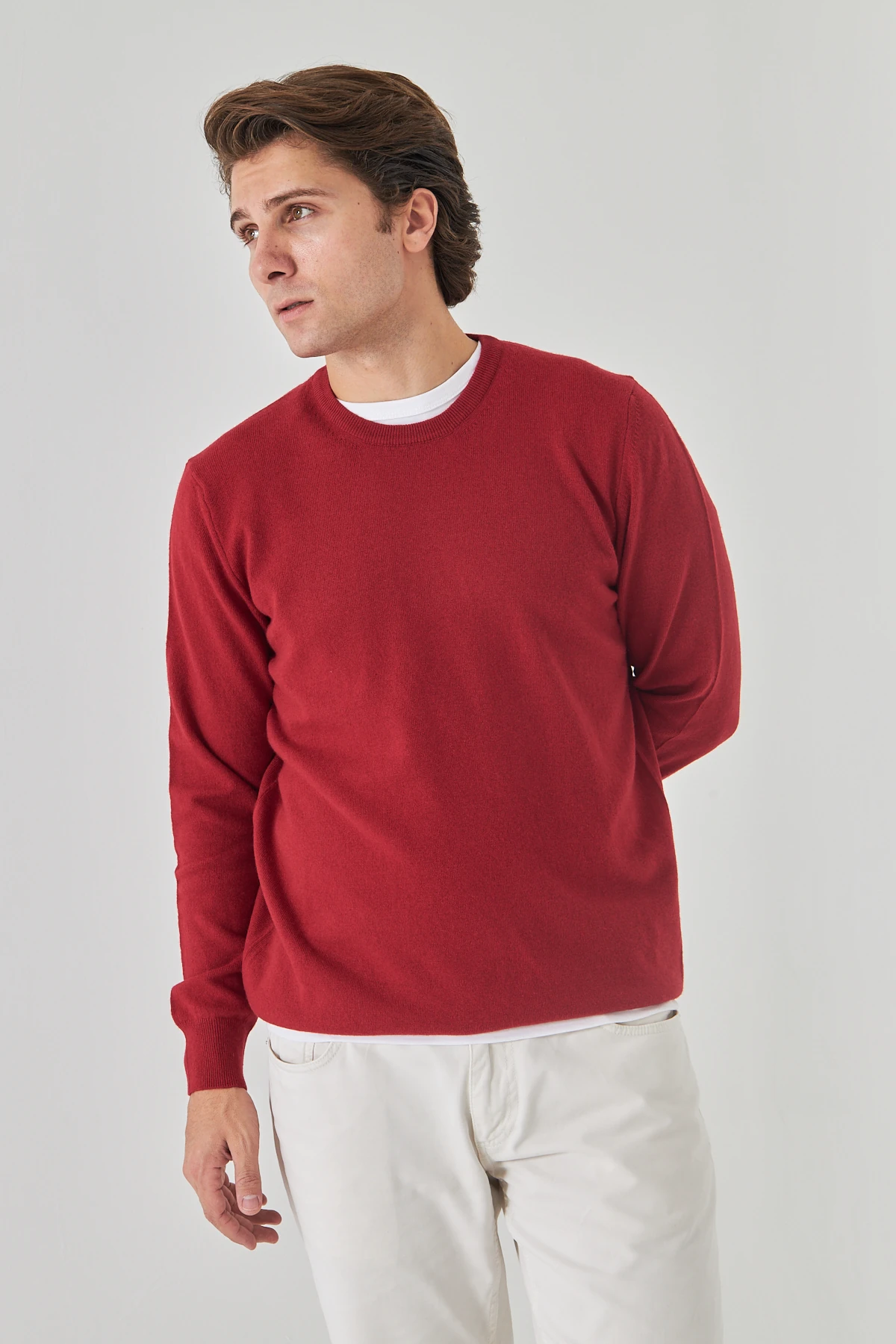 Düz Bordo Bisiklet Yaka Saf Kuzu Yünü Kazak