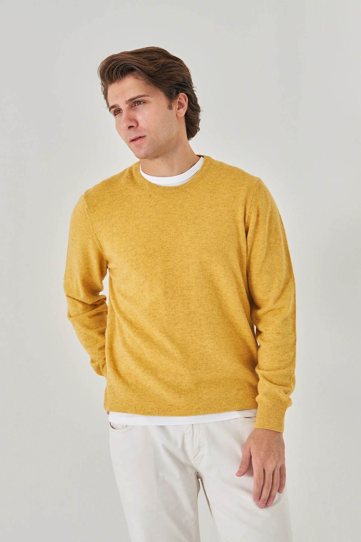 Sarı Bisiklet Yaka Saf Kuzu Yünü Kazak