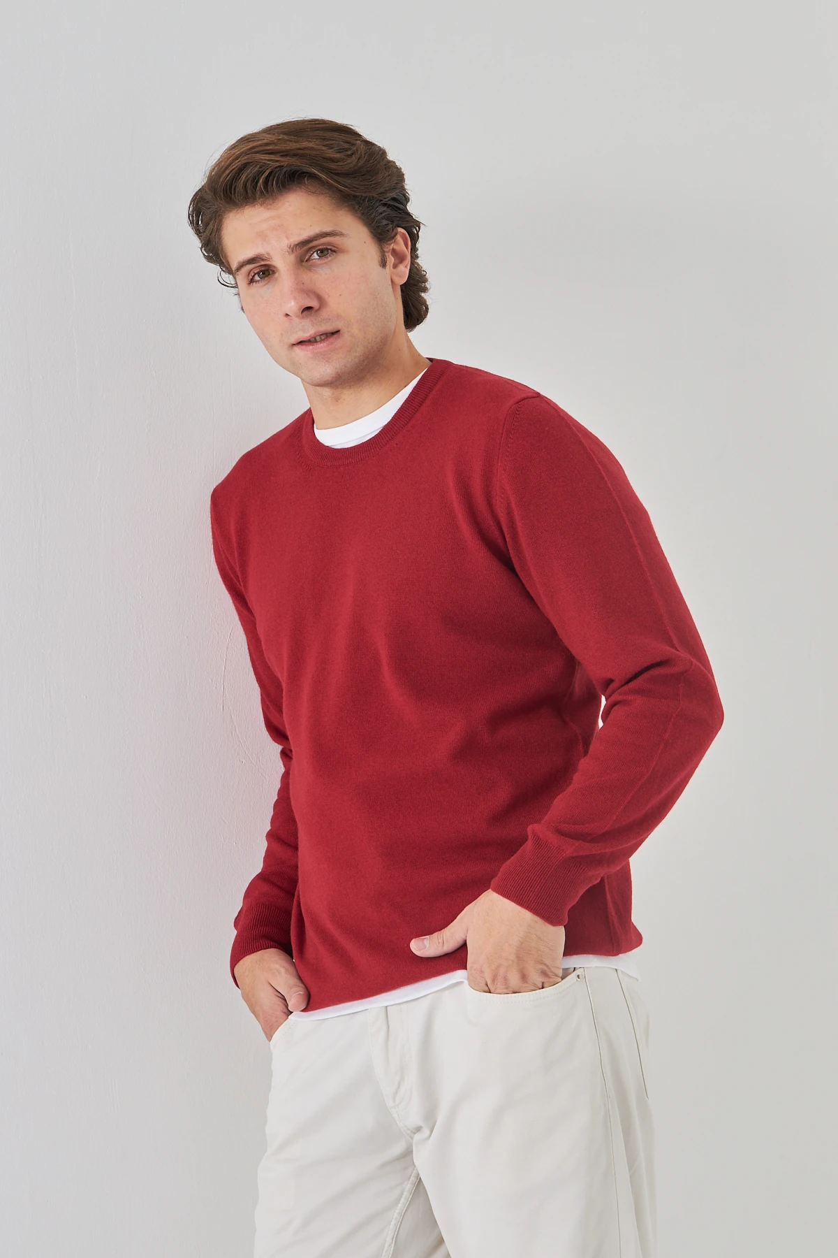 Düz Bordo Bisiklet Yaka Saf Kuzu Yünü Kazak