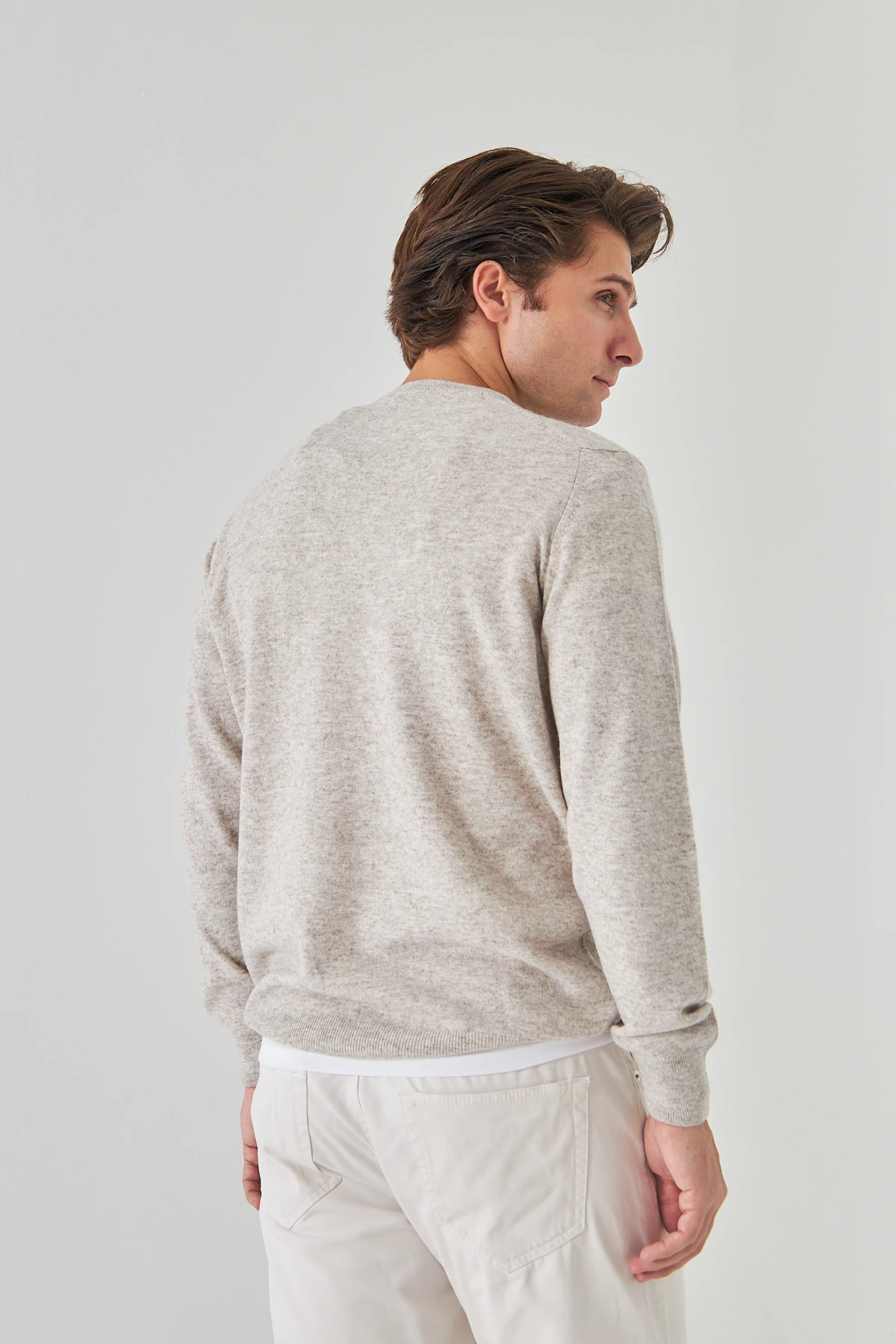 Bej Bisiklet Yaka Saf Kuzu Yünü Kazak