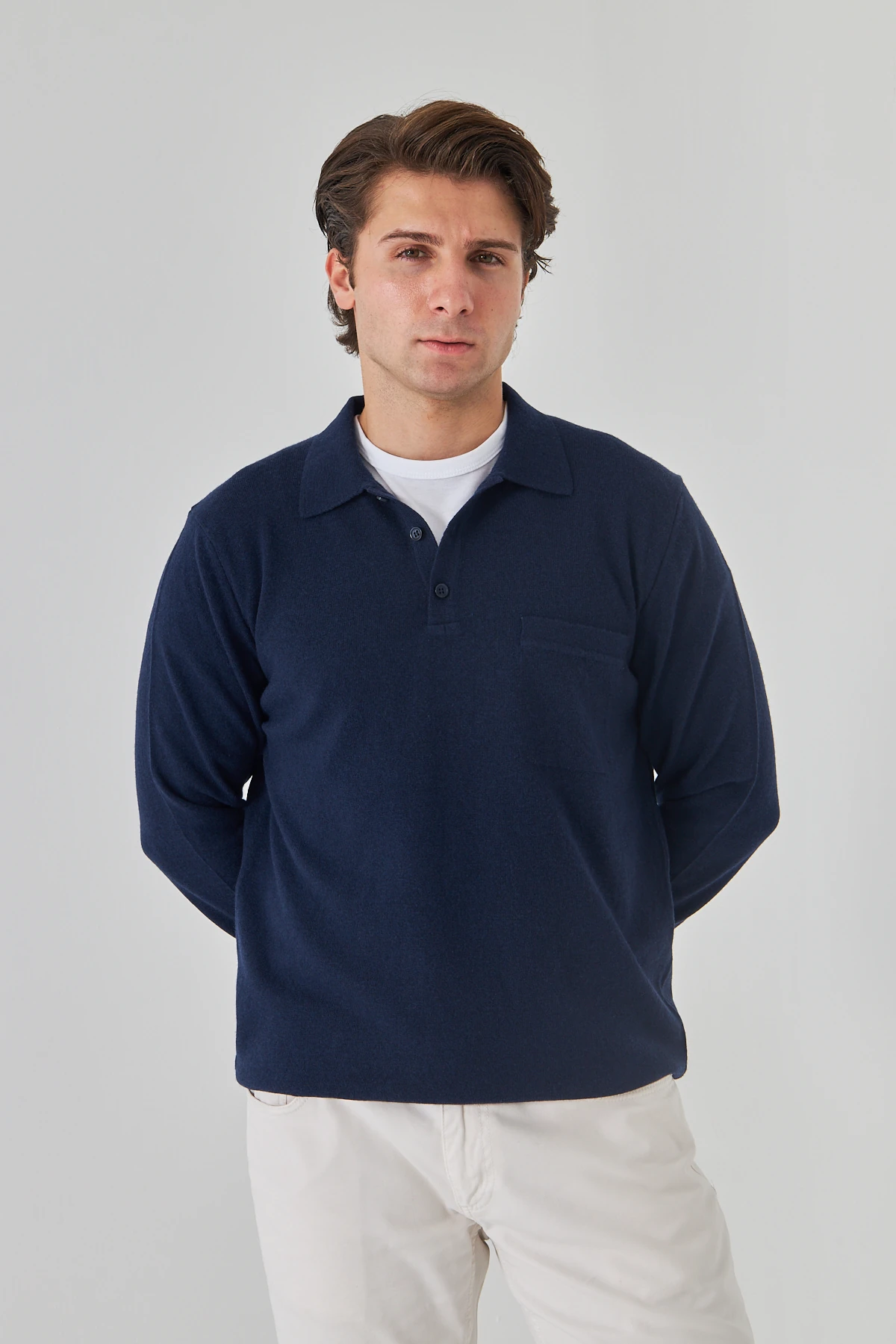 Marin Yakalı Saf Kuzu Yünü Kazak