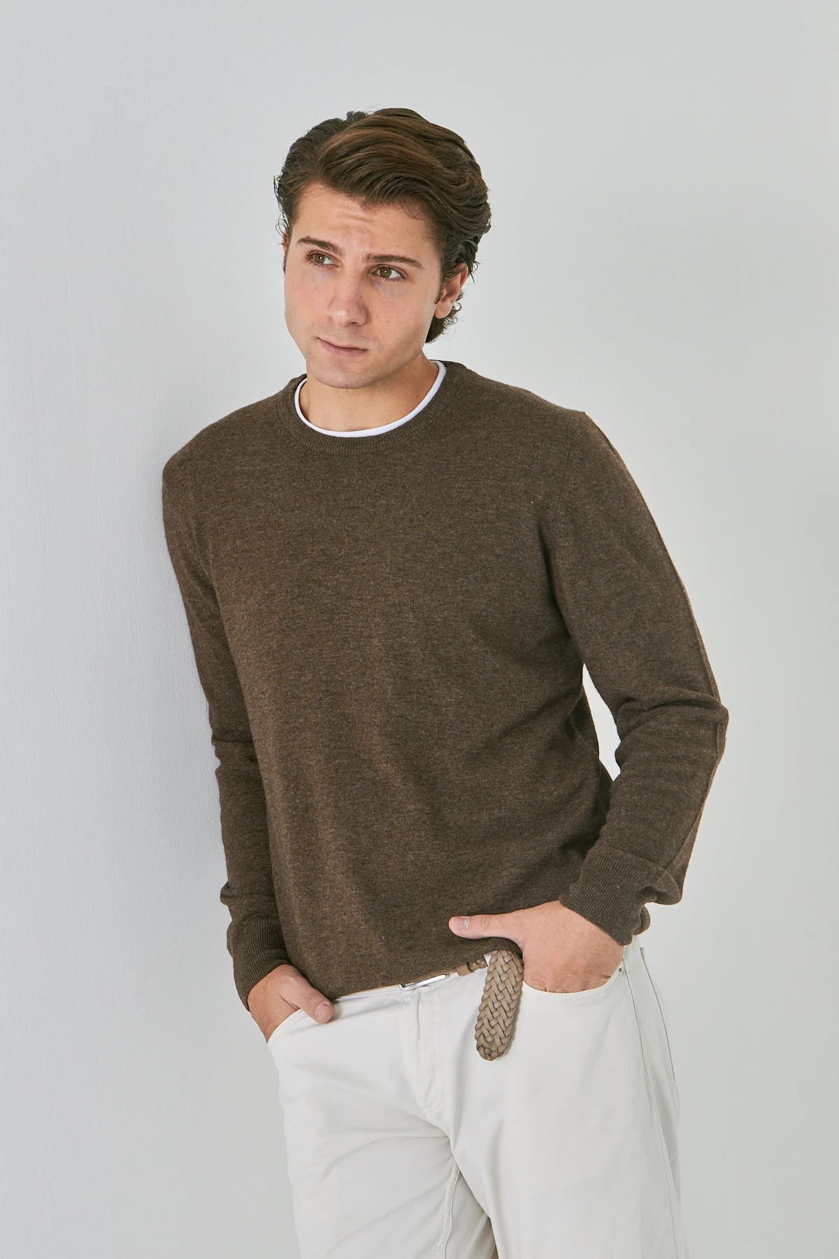 Açık Kahve Bisiklet Yaka Saf Kuzu Yünü Kazak