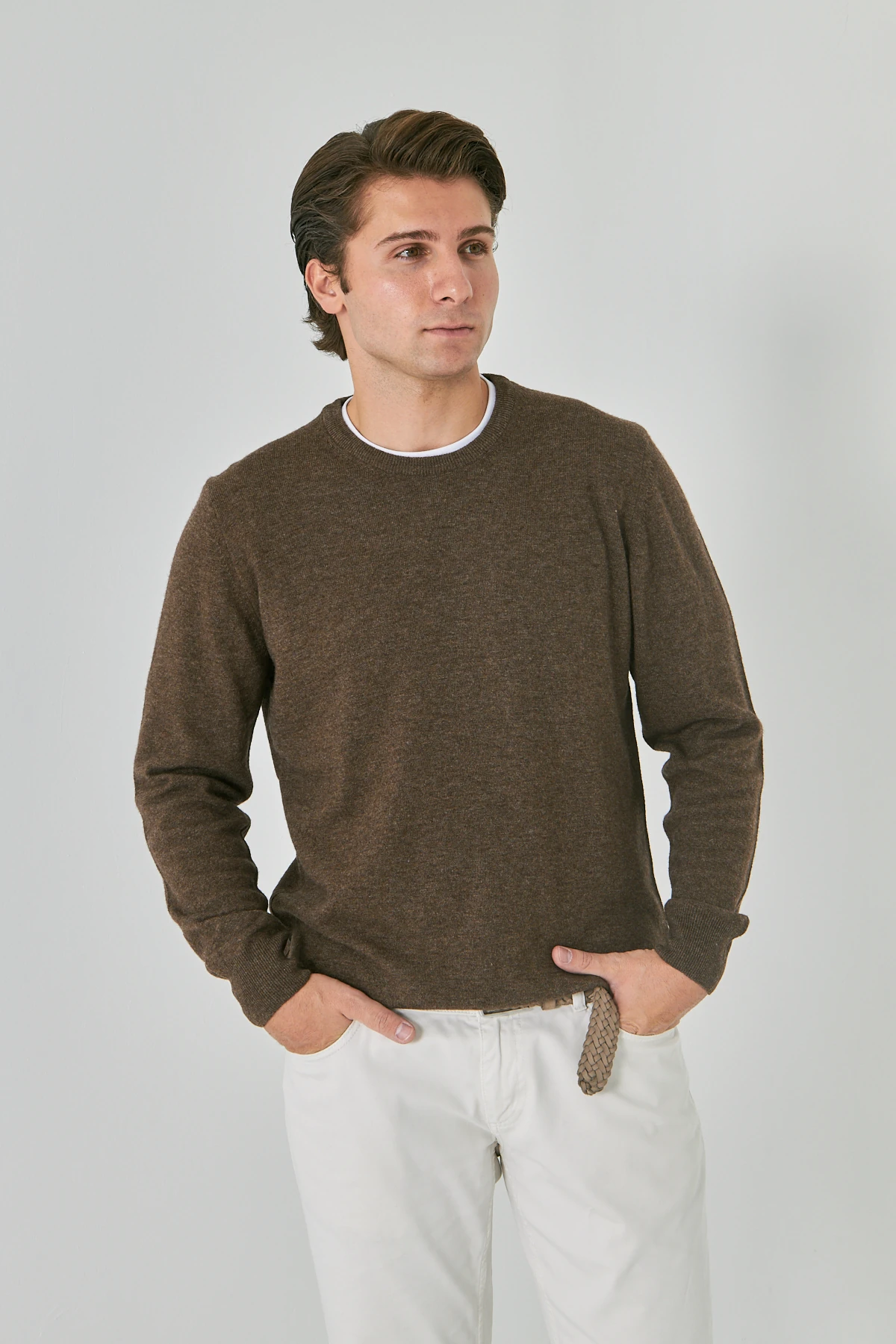 Açık Kahve Bisiklet Yaka Saf Kuzu Yünü Kazak