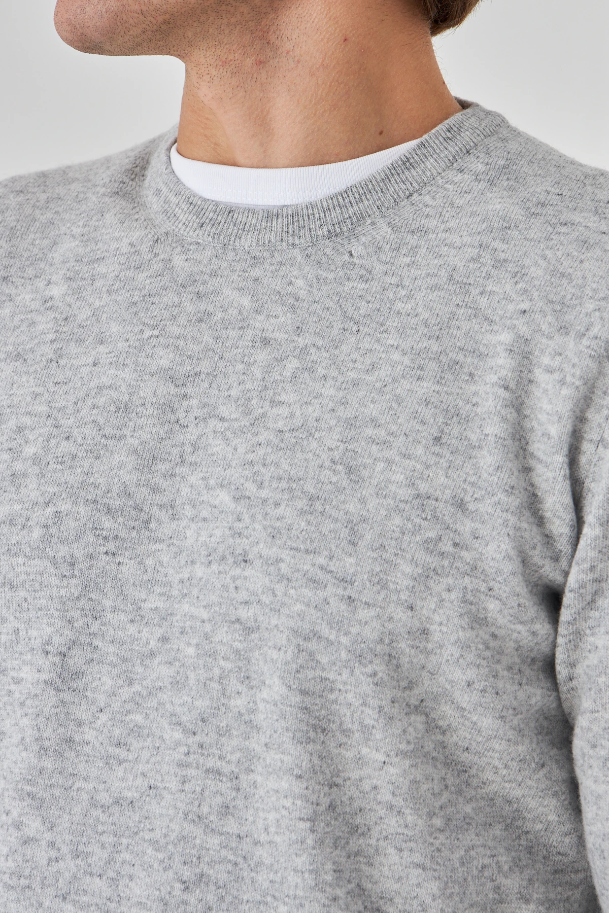 Açık Gri Bisiklet Yaka Saf Kuzu Yünü Kazak