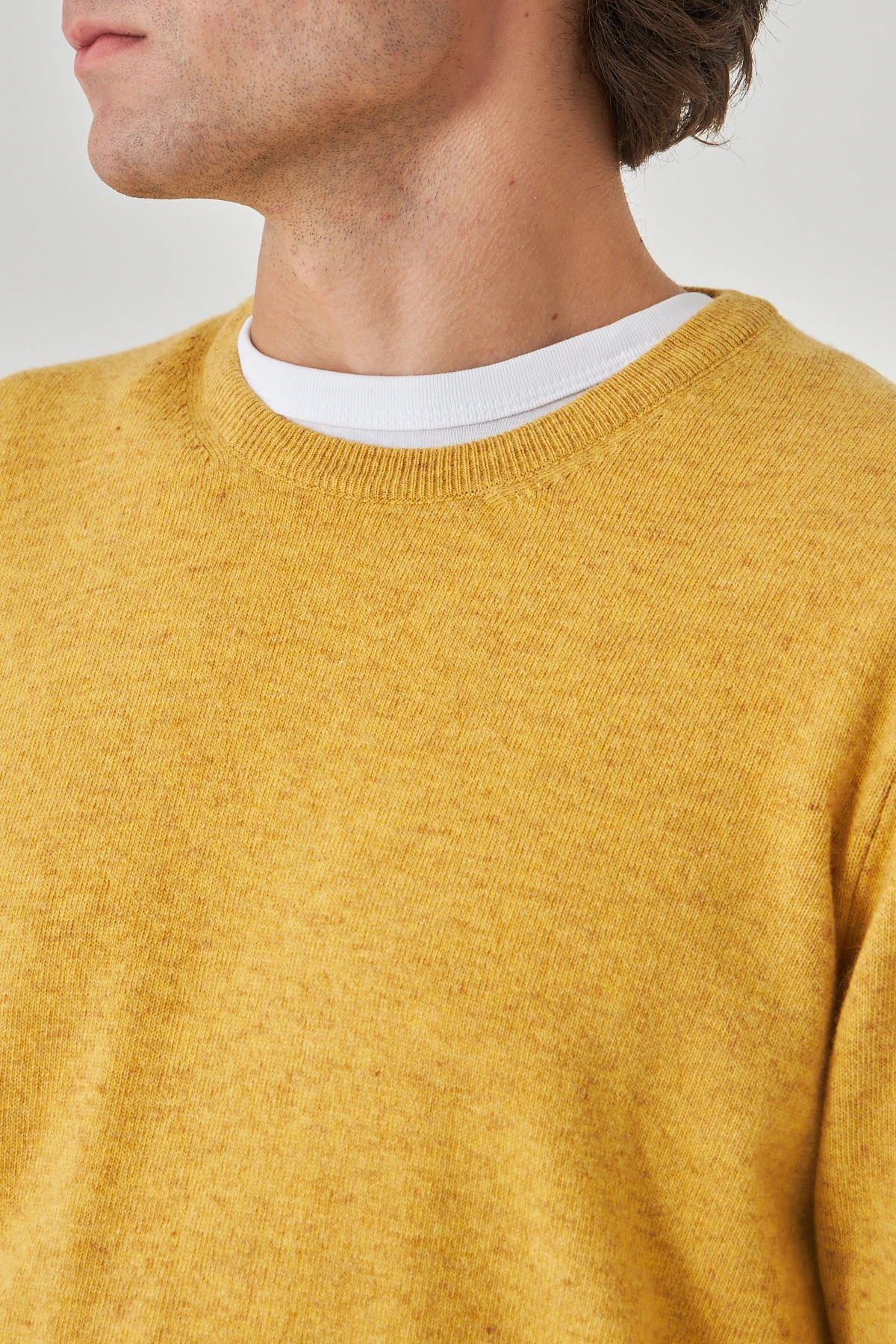 Sarı Bisiklet Yaka Saf Kuzu Yünü Kazak