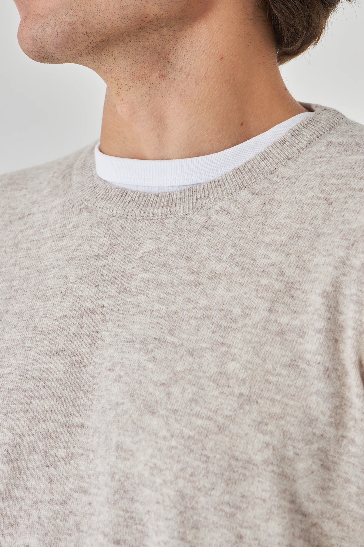 Bej Bisiklet Yaka Saf Kuzu Yünü Kazak