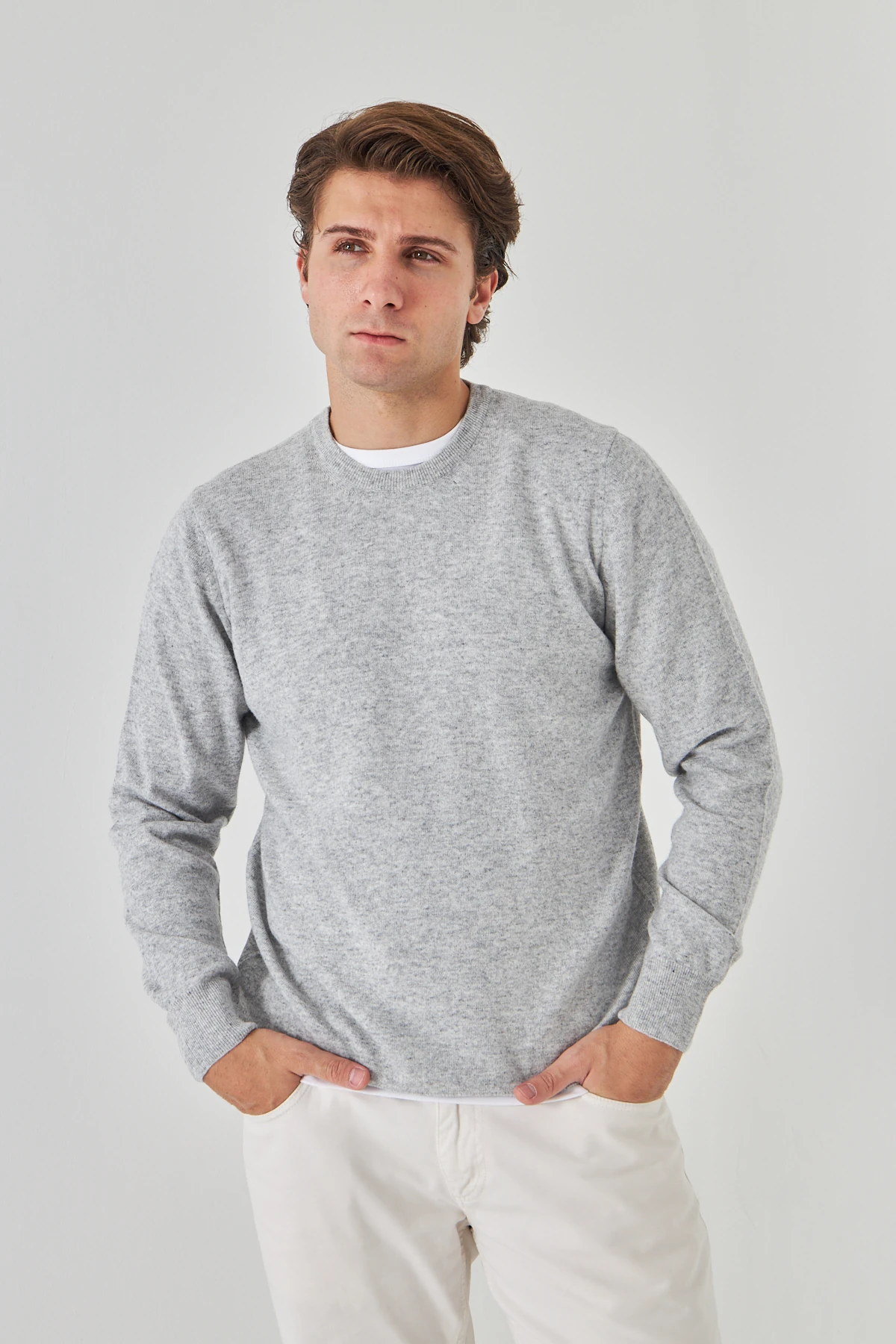 Açık Gri Bisiklet Yaka Saf Kuzu Yünü Kazak