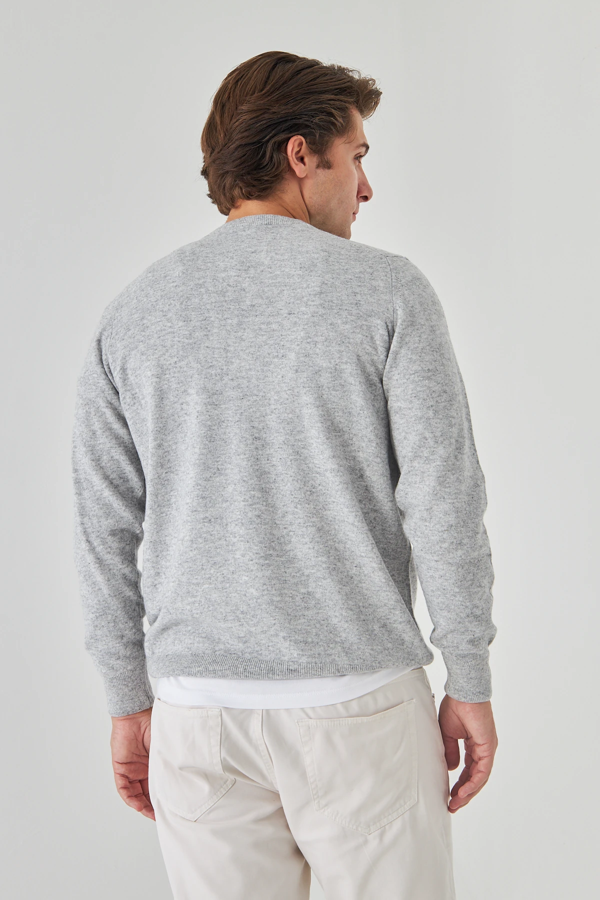 Açık Gri Bisiklet Yaka Saf Kuzu Yünü Kazak