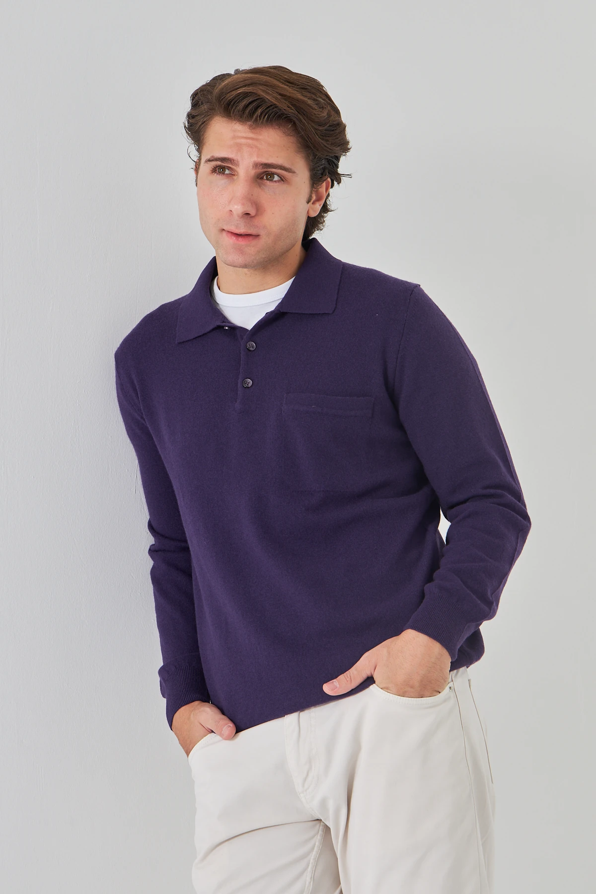 Mor Yakalı Saf Kuzu Yünü Kazak