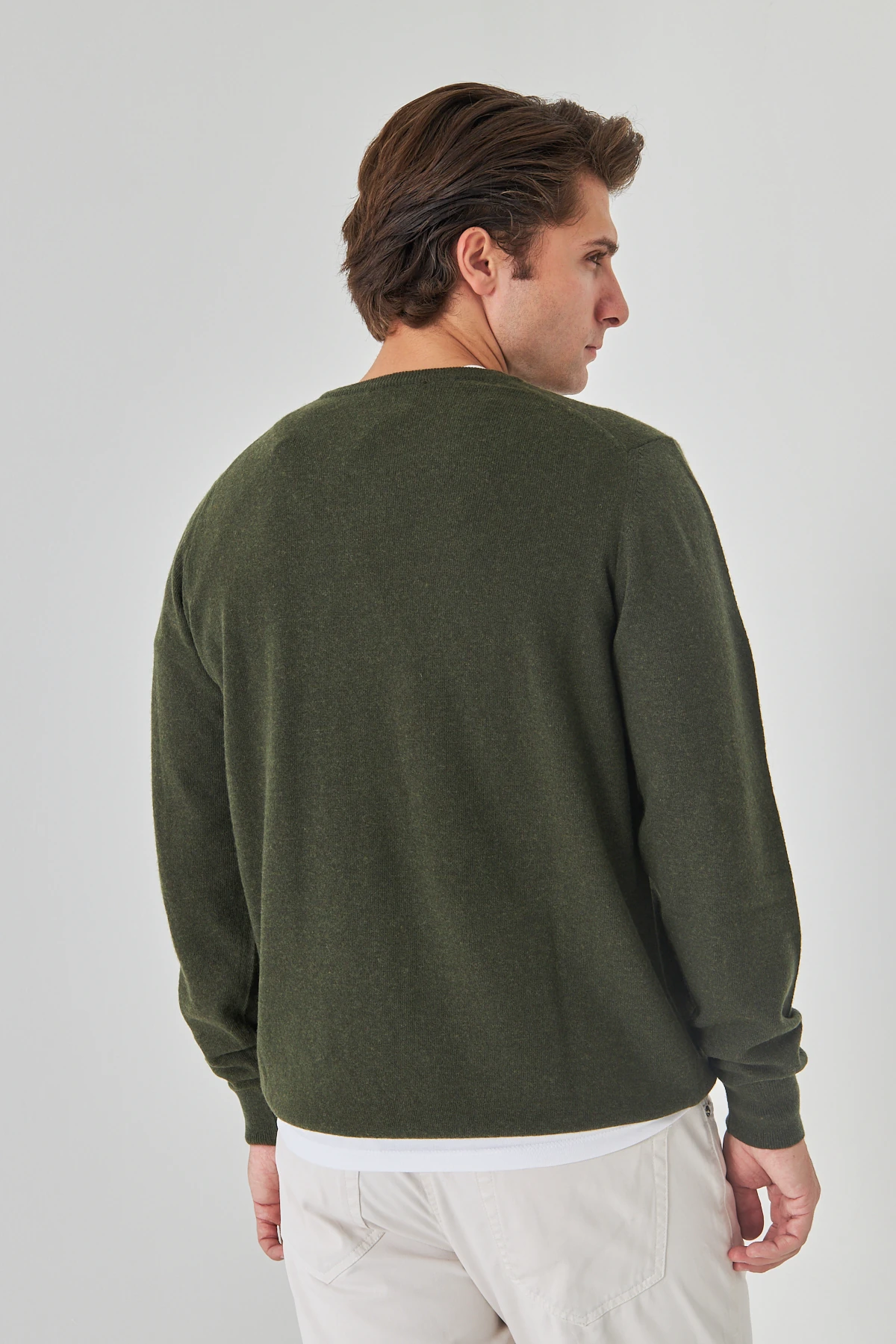 Haki Bisiklet Yaka Saf Kuzu Yünü Kazak