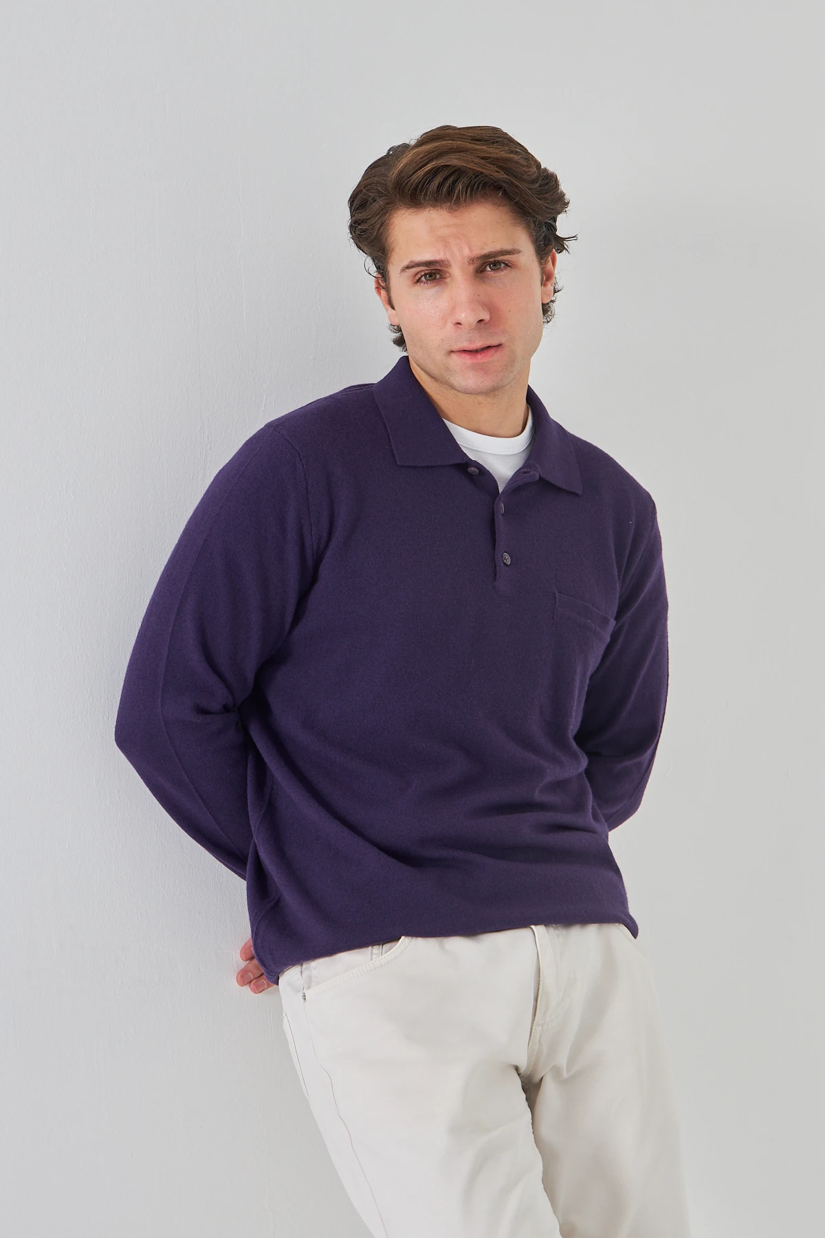 Mor Yakalı Saf Kuzu Yünü Kazak