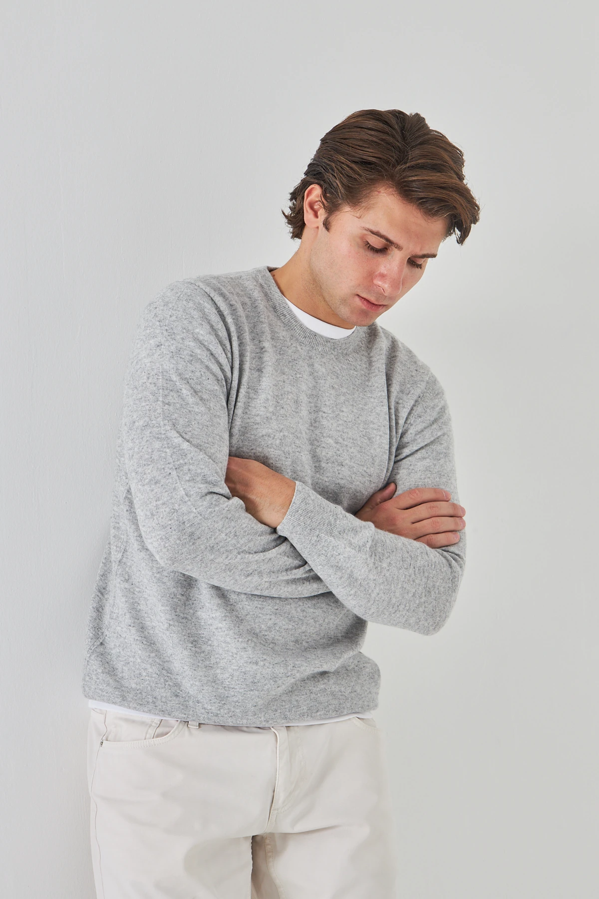 Açık Gri Bisiklet Yaka Saf Kuzu Yünü Kazak