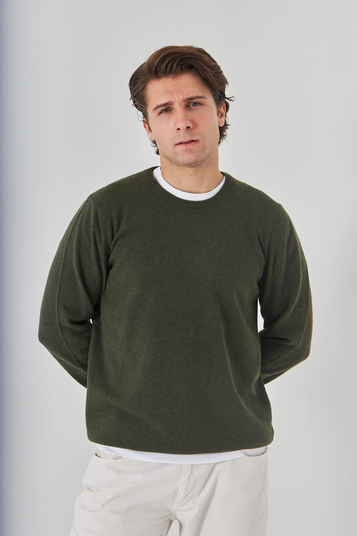 Haki Bisiklet Yaka Saf Kuzu Yünü Kazak