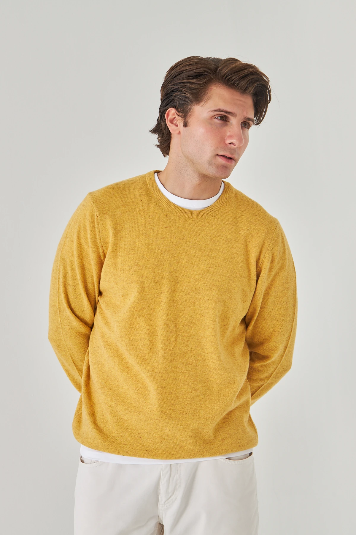 Sarı Bisiklet Yaka Saf Kuzu Yünü Kazak